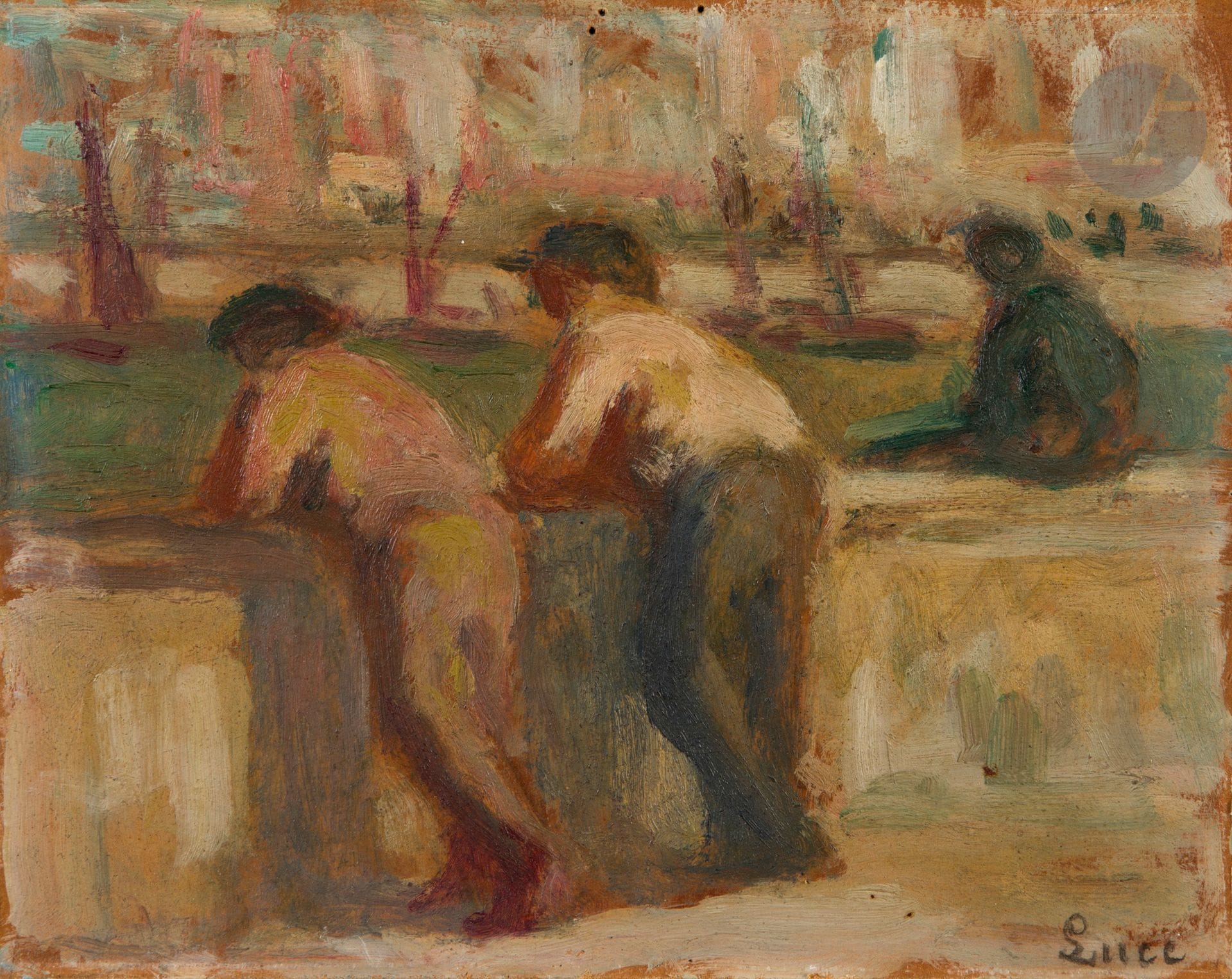 Maximilien LUCE (1858-1941)
Le Tréport, Personnages sur le Quai
Huile sur papier.
Signée en bas à droite.
Signée et située au dos.
14 x 18 cm

Œuvres en rapport :
- Le Tréport, sur le Quai, vers 1934, huile sur papier, 41 x 33 cm, collection particulière, in Jean Bouin-Luce et Denise Bazetoux, Maximilien Luce, Catalogue Raisonné de l'œuvre peint, Tome II, Paris, Éditions JBL, 1986, n° 1883, reproduit p. 451.
-  Le Tréport, sur le Port, huile sur panneau, 24 x 33 cm, collection particulière, in Jean Bouin-Luce et Denise Bazetoux, Maximilien Luce, Catalogue Raisonné de l'oeuvre peint, Tome II, Paris, Éditions JBL, 1986, n° 1923, reproduit p. 458.