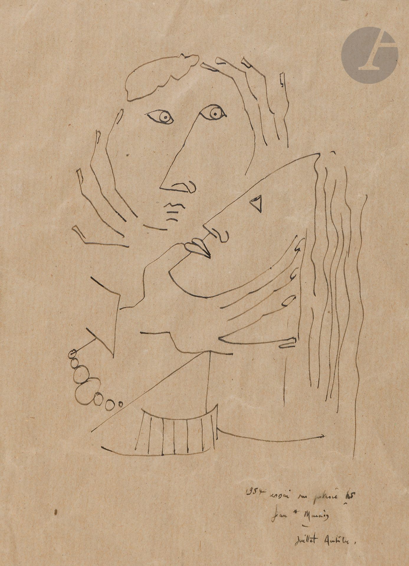 Jean MARAIS (1913 - 1998)
Le Couple, 1954
Encre sur papier kraft.
Signée, datée et située en bas à droite.
Dédicacée sur le montage.
27,5 x 20 cm