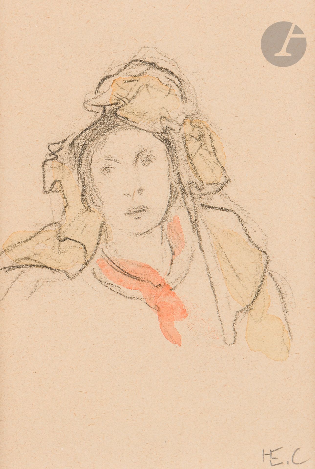 Henri Edmond CROSS (1856 - 1910)
Portrait of a woman with veil
Black pencil and watercolor highlights.
Monogrammed lower right.
(Paper slightly yellowed).
11 x 7.5 cm

This work is registered in the Patrick Offenstadt Archives.