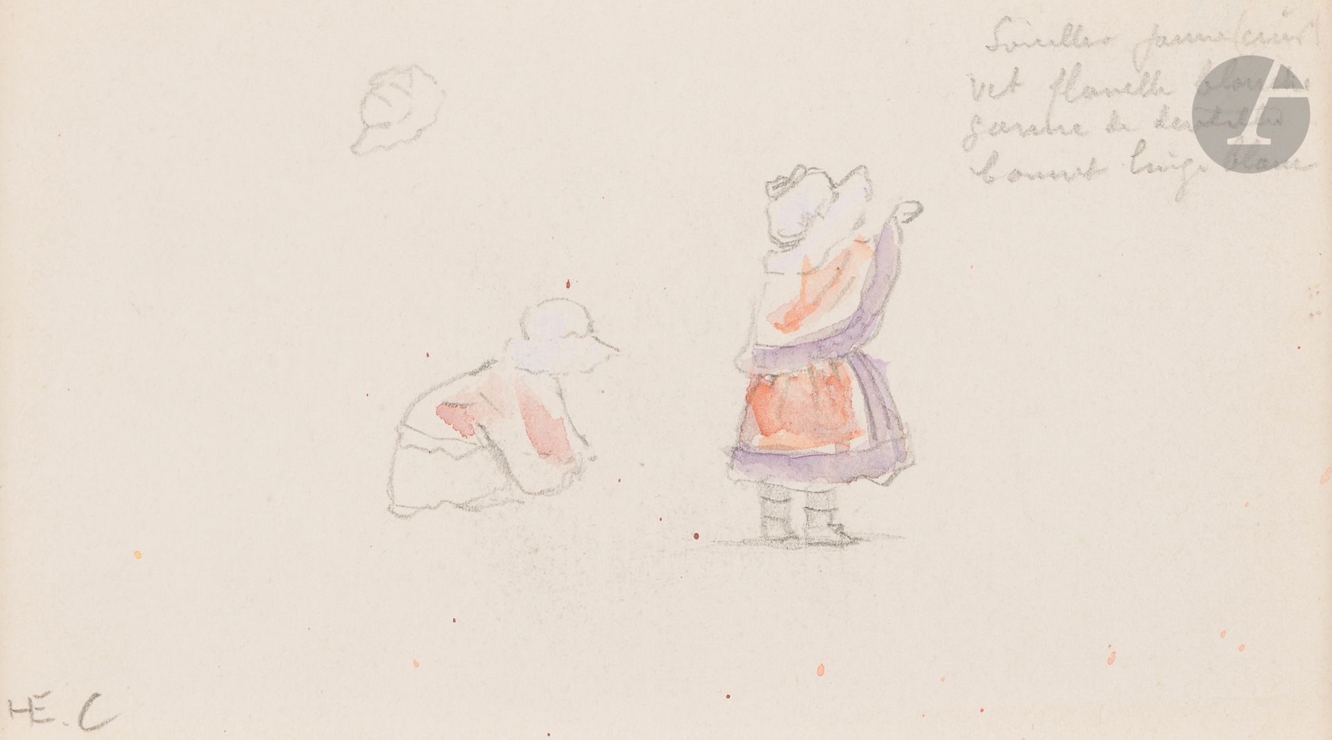 Henri Edmond CROSS (1856 - 1910)
Deux petites filles
Aquarelle et crayon noir.
Monogrammée en bas à gauche.
Annotée en haut à droite.
9 x 16 cm

Cette œuvre est enregistrée dans les Archives de Patrick Offenstadt.