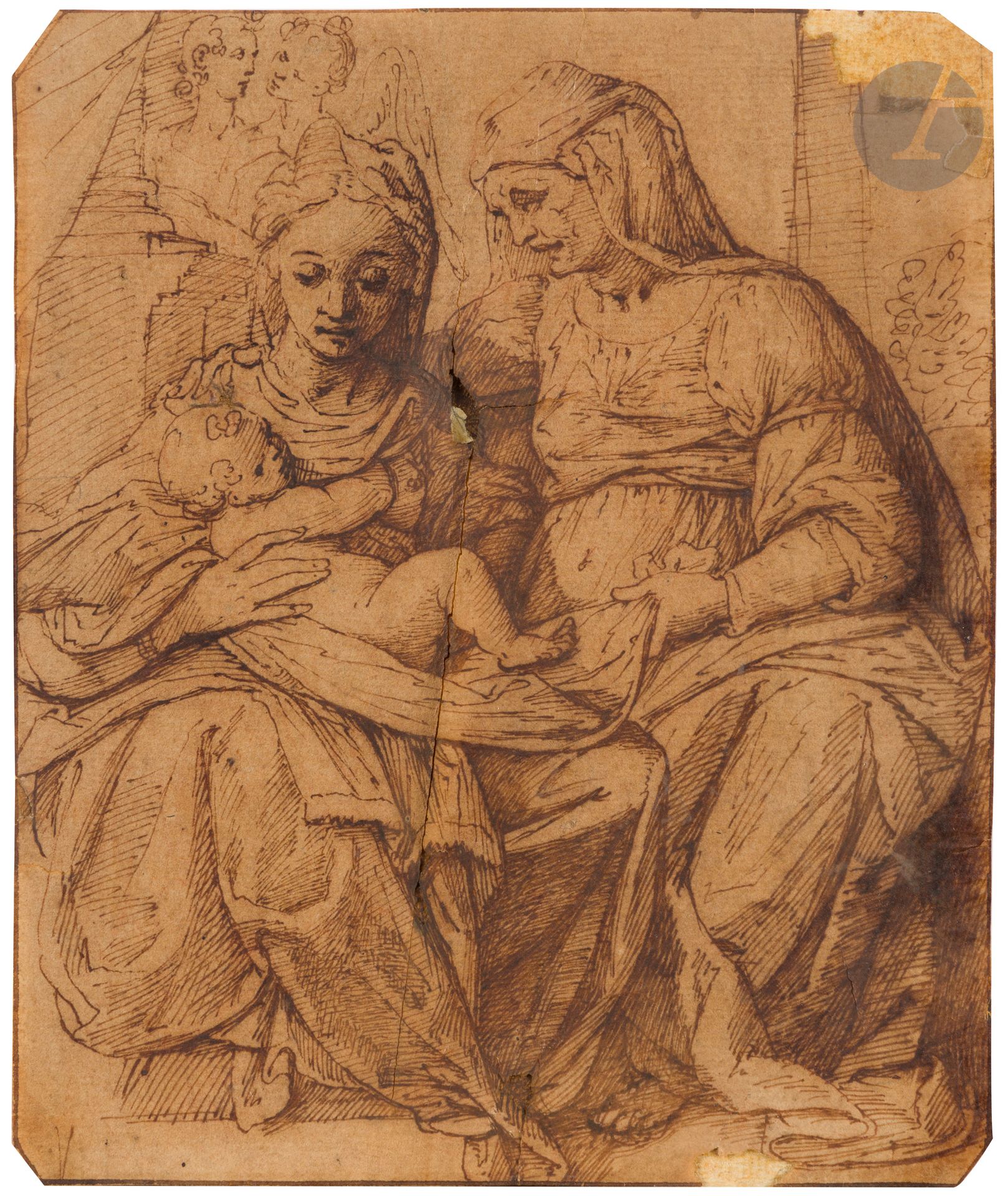 16th century BOLONESE COLLECTION
Holy Family
Pen and brown ink on beige paper.
(Four corners cut, central tear, insolate, missing upper right).
19 x 15.5 cm