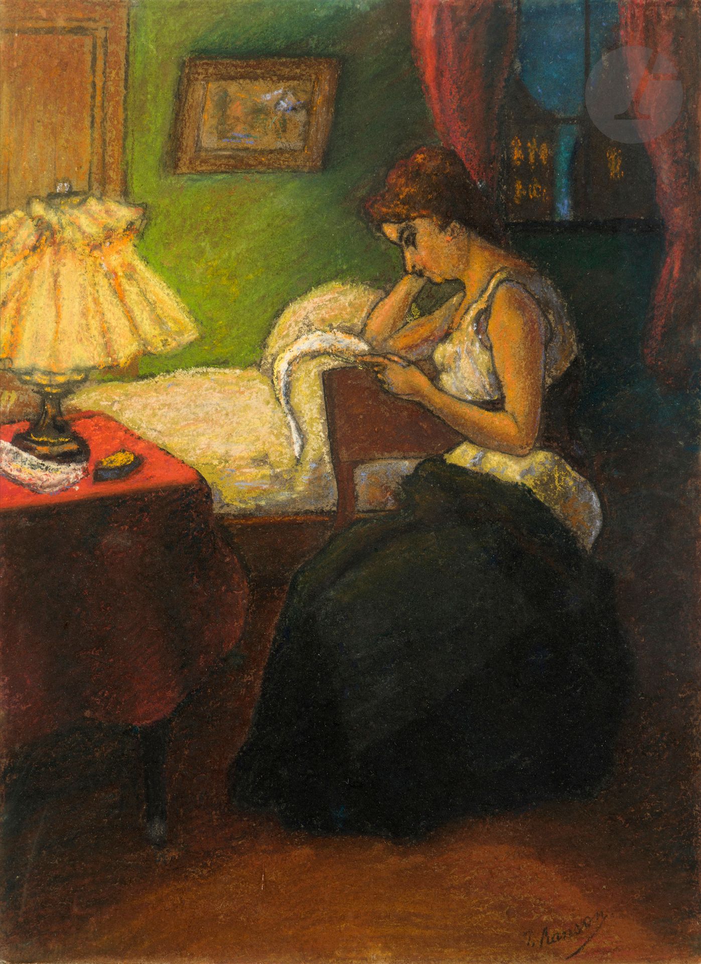 Paul-Élie RANSON (1862 - 1909)
Femme à sa lecture, vers 1897
Pastel sur carton.
Signé en bas à droite.
36 x 26 cm

Provenance : 
Vente Tajan, Paris, 27 octobre 2005, n° 13.

Un certificat de Monsieur Olivier Ranson-Bitker, en date du 20 février 2024, sera remis à l’acquéreur.

Notre pastel est à rapprocher de trois œuvres à la composition similaire référencées et reproduites au catalogue raisonné de l’artiste aux numéros 333, 334 et 335 (Ranson-Bitker Brigitte et Genty Gilles, Paul Ranson 1861-1909. Catalogue Raisonné, Paris, Somogy, 1999, pp. 226-228).