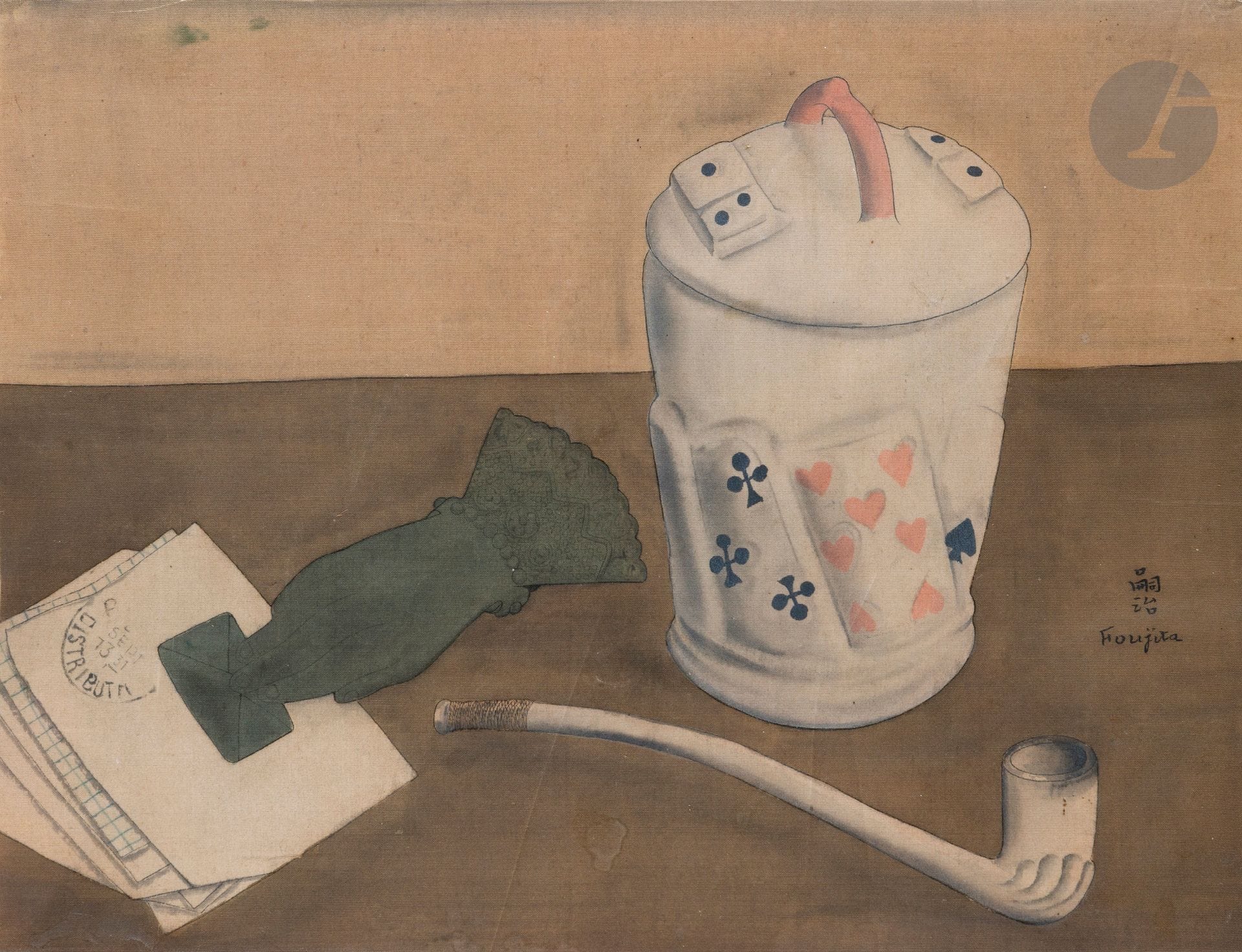 Léonard Tsuguharu FOUJITA (1886 - 1968)
Nature morte à la pipe et aux lettres, 1923
Peinture traditionnelle japonaise sur soie, encre et aquarelle.
Signée sur la droite « Tsuguharu » en japonais et Foujita.
22 x 28 cm

Œuvre en rapport : 
Nature morte à la boîte d’allumettes, huile, 32,5 x 41,5 cm, datée 1923 située à « Paris », reproduit in Sylvie Buisson, La Vie et l’œuvre de Léonard Tsuguharu Foujita, Courbevoie, Éditions ACR, 1987, p. 142.

Sylvie Buisson et Casimir Buisson ont confirmé l’authenticité de cette oeuvre qui sera incluse dans le volume 5 du Catalogue Général raisonné de l’Œuvre de Léonard Foujita.

Un certificat de Madame Sylvie Buisson, en date du 27 février 2024, sera remis à l’acquéreur.