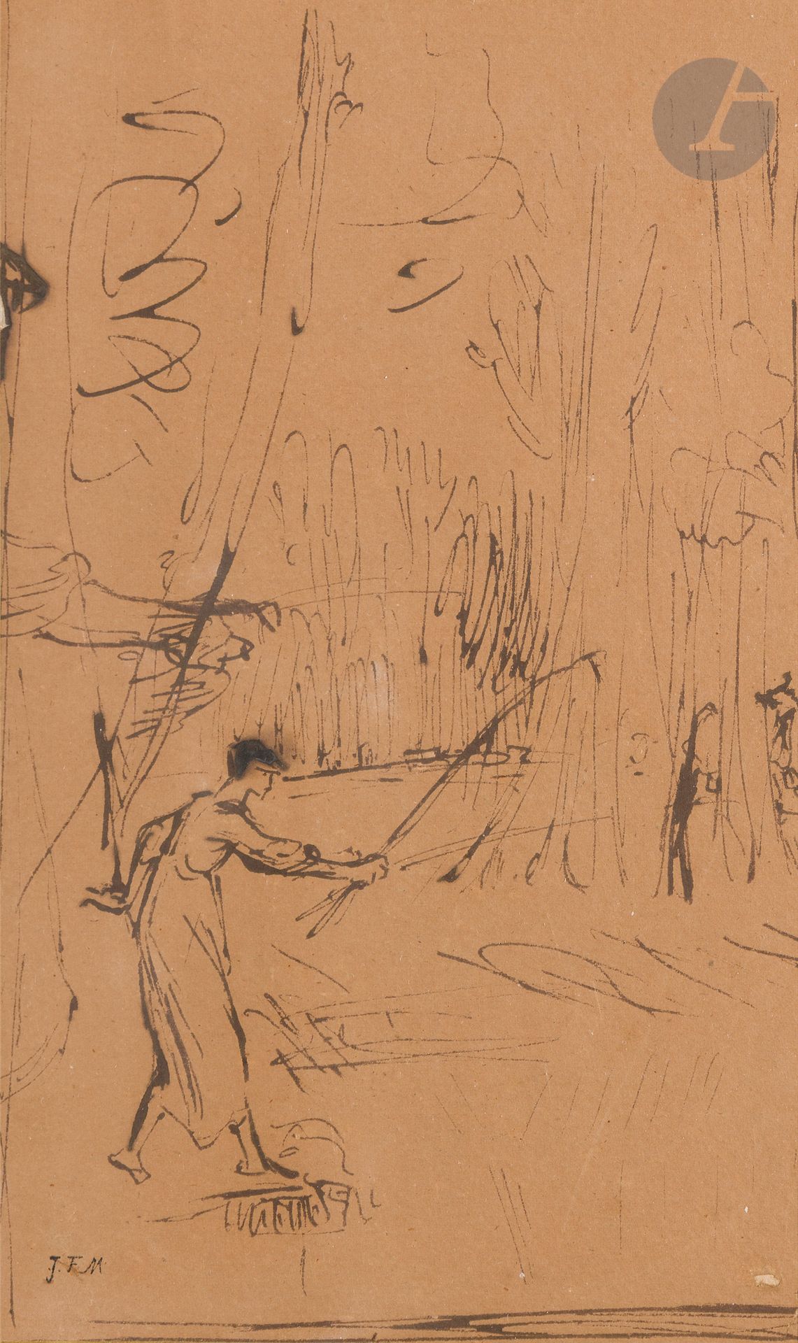 Jean-François MILLET (Gréville-Hague 1814 - Barbizon 1875)
Pêcheur
Plume et encre brune.
Cachet de la vente Millet en bas à gauche (Lugt 3727).
(Insolé, collé en plein, petit trou en bas à droite).
27 x 16,5 cm