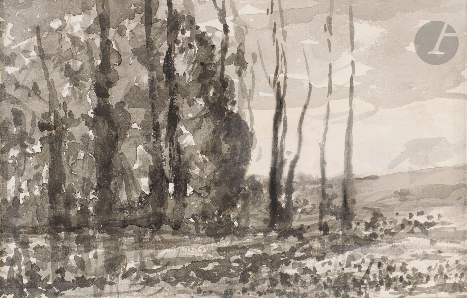 Henri Joseph HARPIGNIES (Valenciennes 1819 - Saint-Privé 1916)
Paysage aux peupliers, 1895
Lavis d’encre.
Signé et daté en bas à droite.
14 x 22 cm

Cette œuvre sera incluse au catalogue raisonné en préparation par Monsieur Jean-Pierre Cappoen. Nous remercions Monsieur Cappoen pour les informations qu’il nous a transmises.