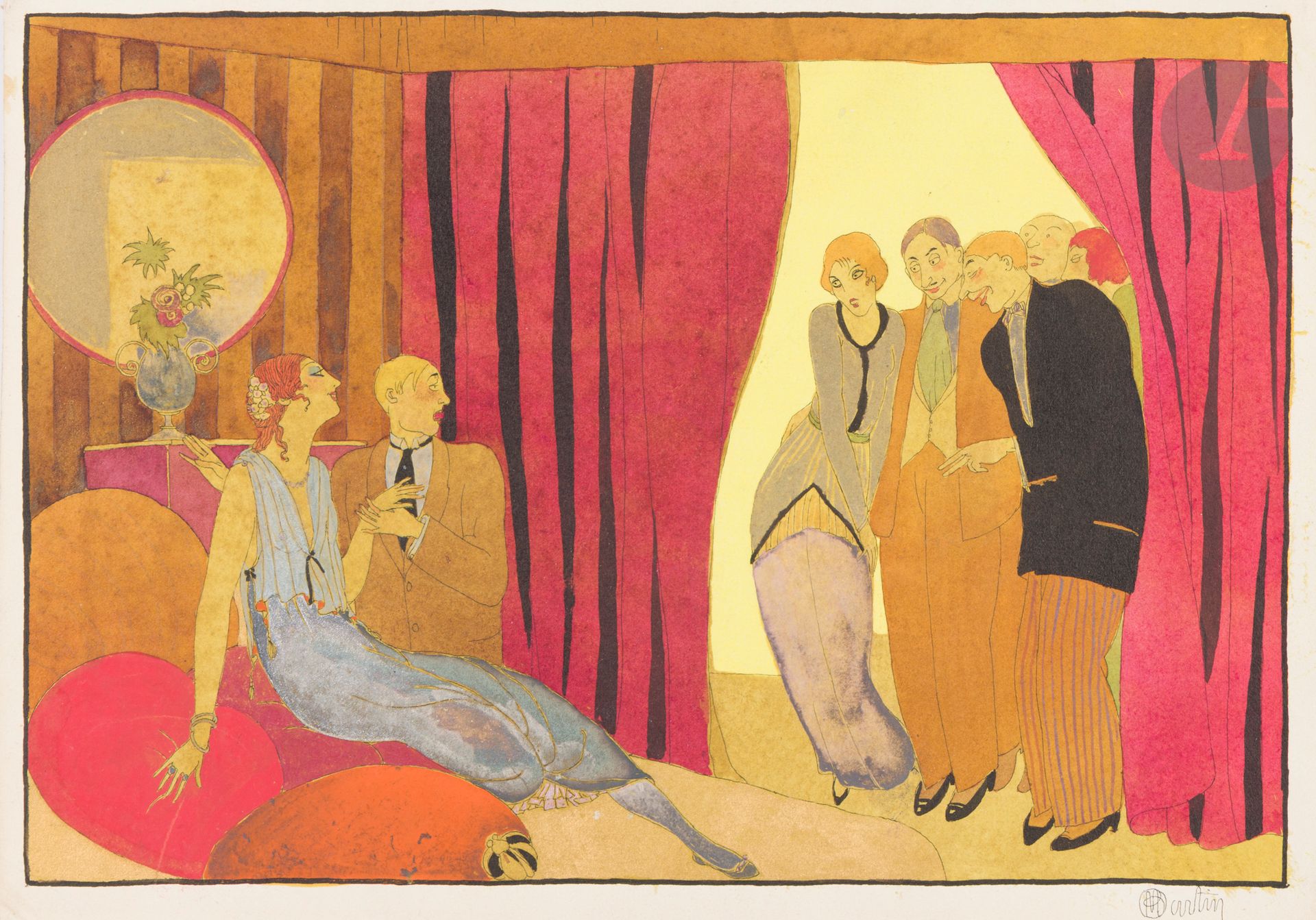 Charles MARTIN (1848 - 1934)
Couple behind the curtain
Ink, gouache and watercolor on cardboard.
Signed lower right.
21.5 x 31 cm