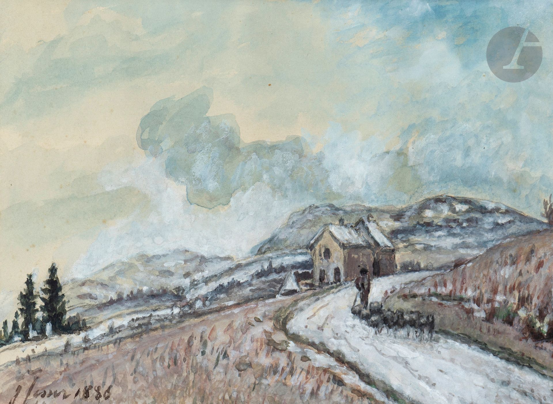 Marie Joséphine FESSER (Namur 1819 - La Côte-Saint-André 1891)
Paysage enneigé au troupeau, 1886
Aquarelle gouachée.
Signée et datée en bas à gauche.
15 x 23,5 cm

Il s’agit de la copie d’une « Route de Balbins ».

Nous remercions le comité Jongkind-Paris-La Haye de nous avoir aimablement confirmé l’authenticité de cette aquarelle.