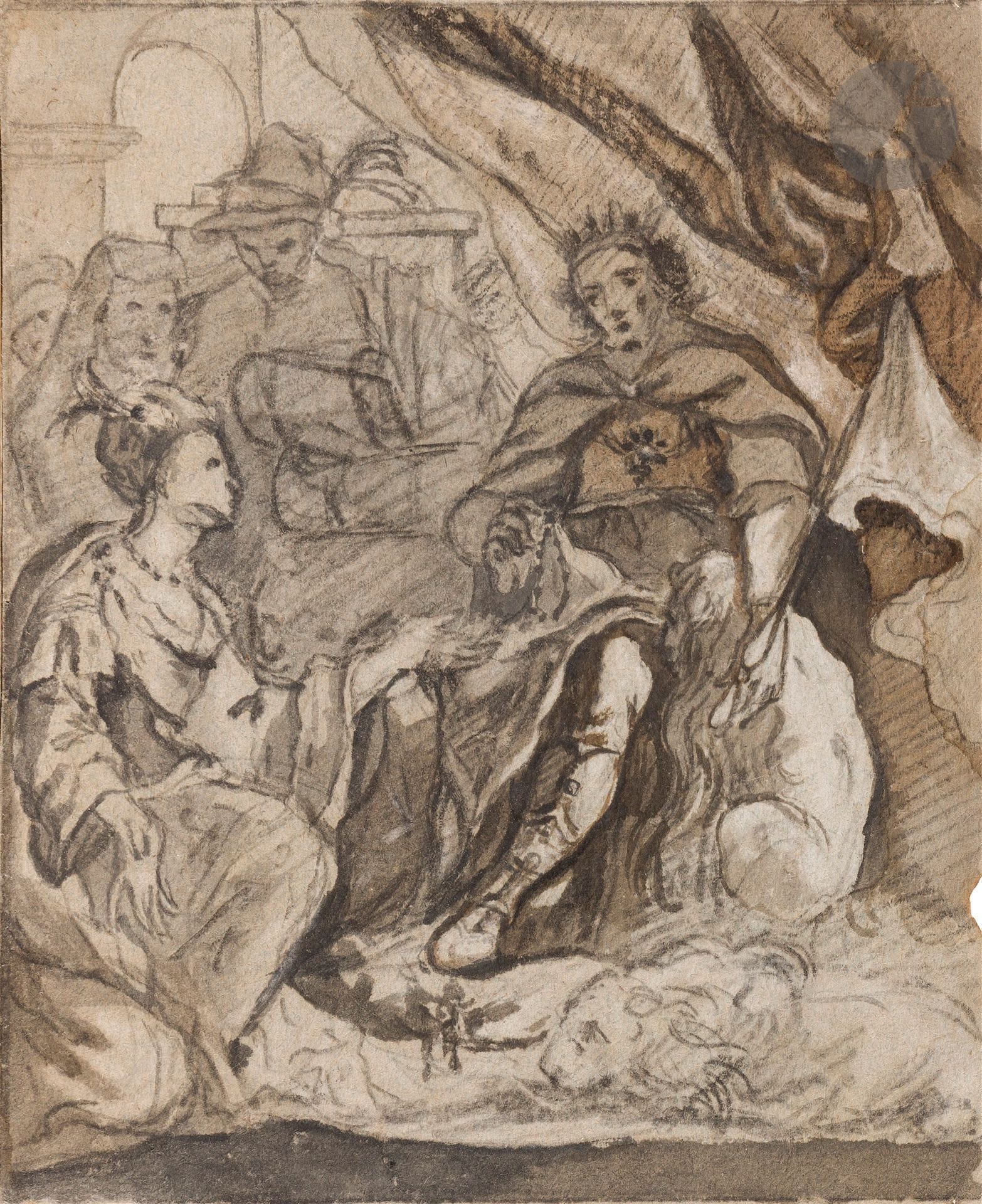 ÉCOLE FRANÇAISE du XVIIe siècle 
Ambassadeur oriental agenouillé devant un Roi
Lavis brun et gris sur traits de crayon noir.
(Bord inférieur irrégulier, petites taches).
16,5 x 13 cm