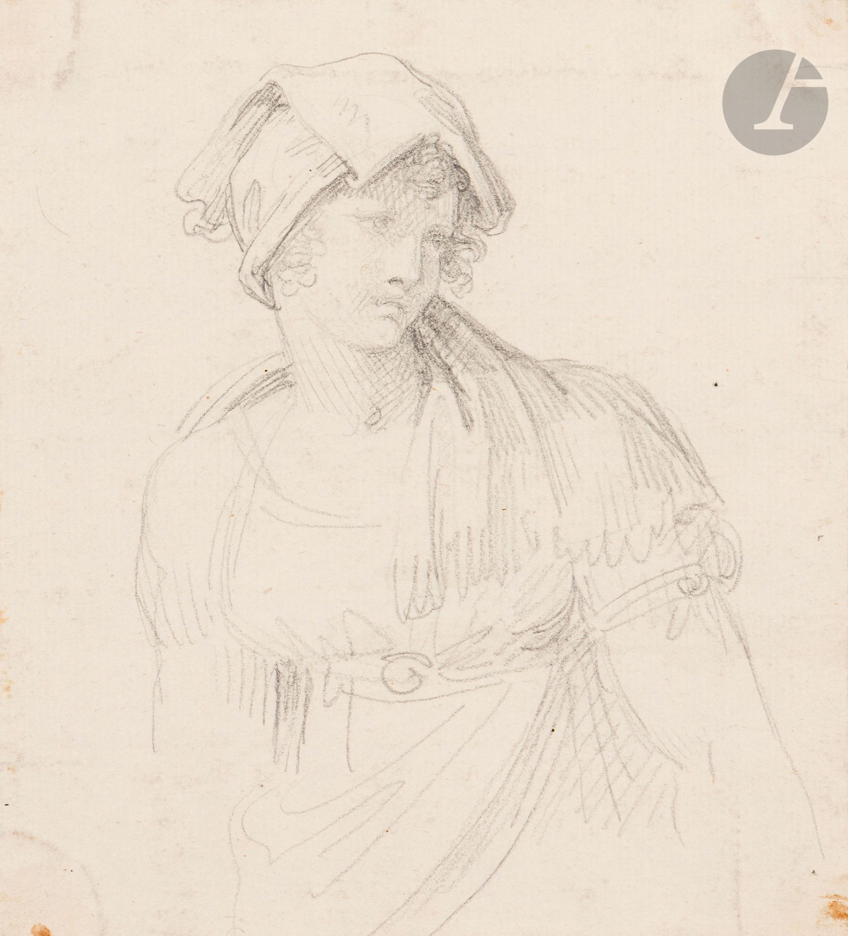 Johann Martin von WAGNER (Wurtzbourg 1777 - Rome 1858)
Étude d’une figure féminine au turban
Crayon noir.
Annoté en bas à droite « Wagner in Rome » et au verso du montage « Peintre allemand, ami de Goethe qui parle de lui dans son voyage à Rome ».
(Petites taches, petites pliures).
18 x 16,5 cm