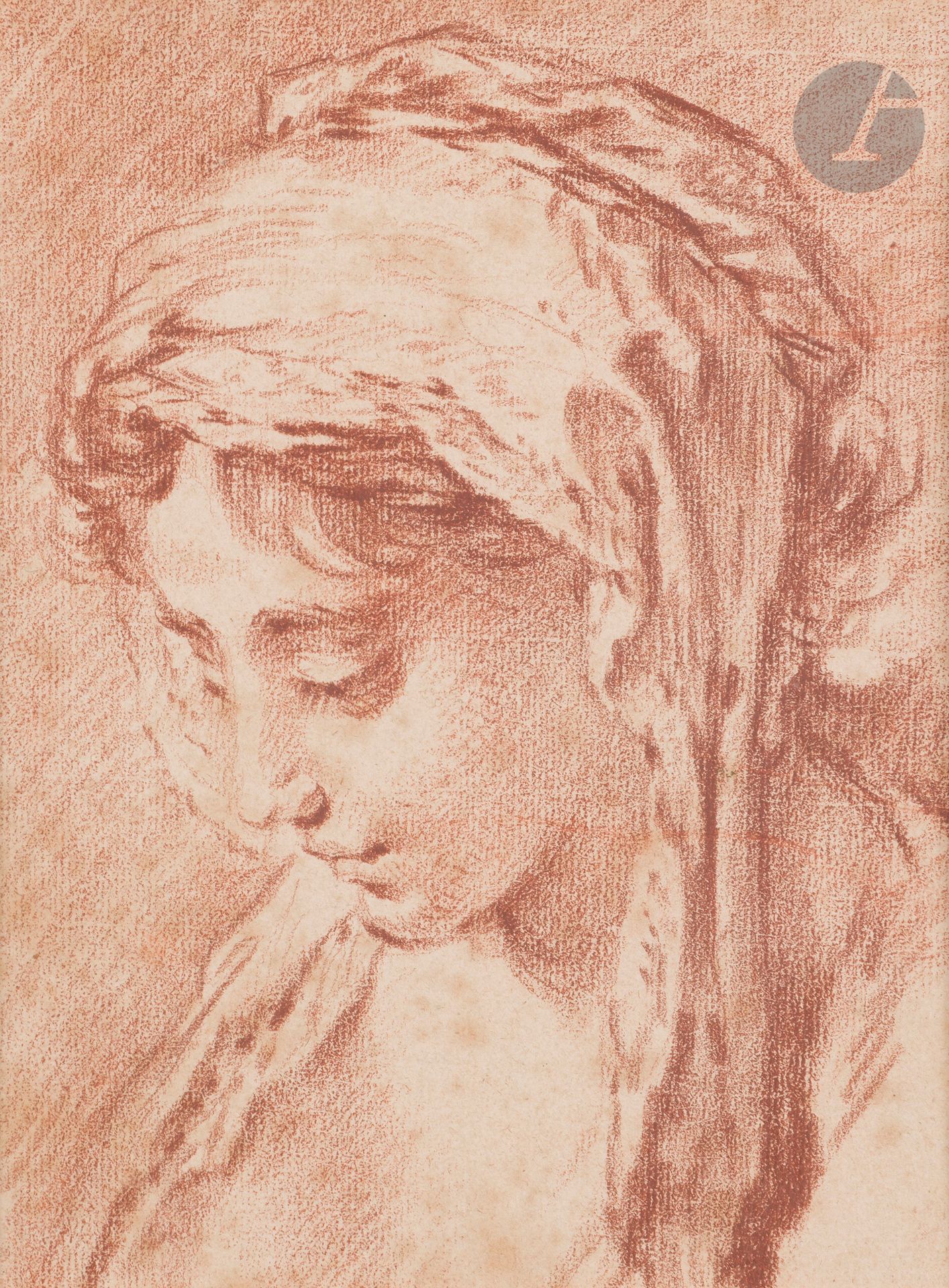 François BOUCHER (Paris 1703 - 1770)
Young woman, head bent to the left, wearing a kerchief
Sanguine.
(Stain, pasted on an old mount).
22.5 x 17.5 cm

Our drawing was engraved in reverse (see : P. Jean-Richard, L'Œuvre gravé de François Boucher dans la collection Edmond de Rothschild, 1978, no. 1189, reproduced). 

We would like to thank Mr. Laing for kindly confirming the authenticity of this drawing based on a photograph. 
We would like to thank Madame Joulie for her kind confirmation of the authenticity of this drawing based on a photograph.
