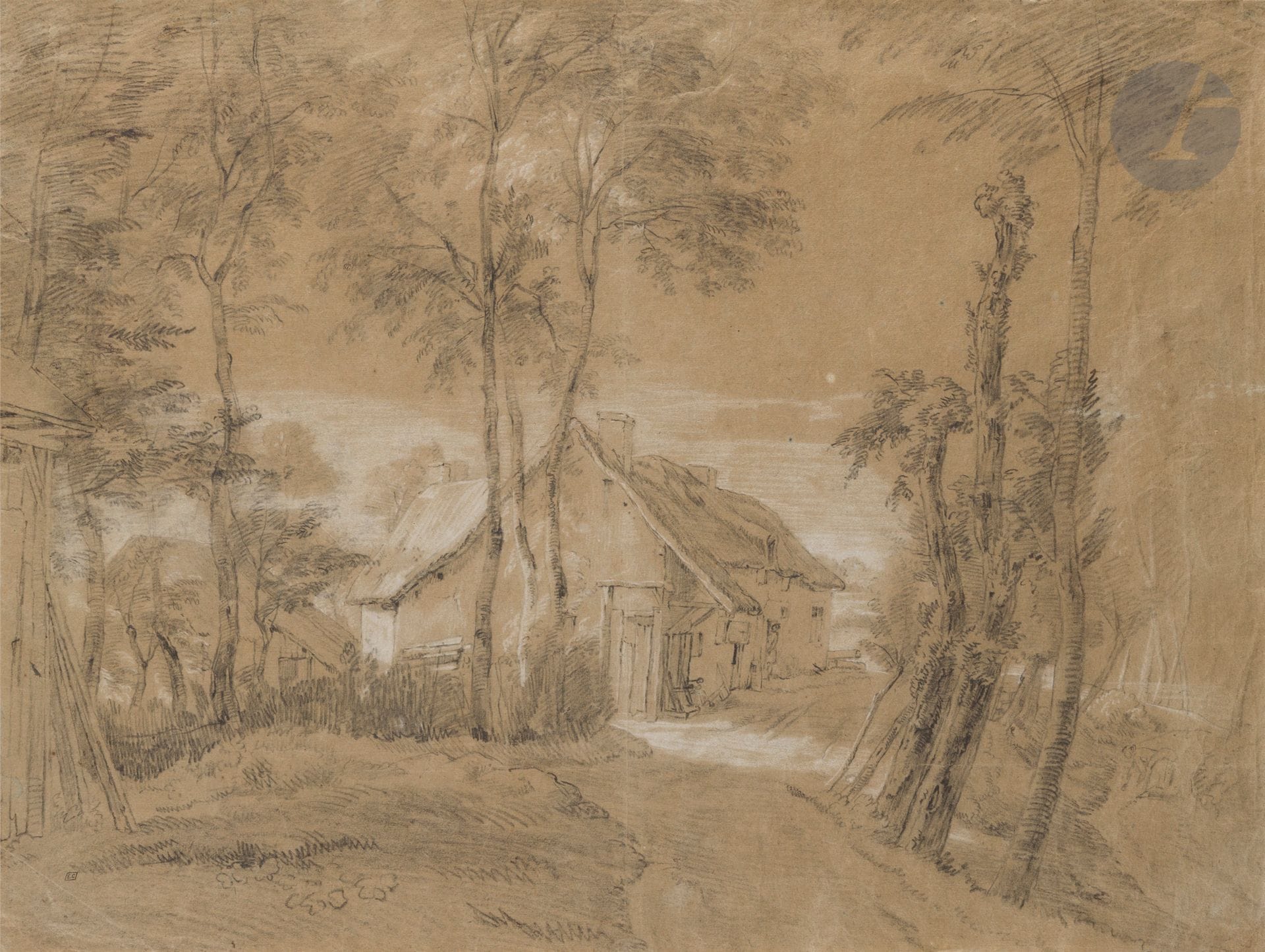 ÉCOLE FRANÇAISE du XVIIIe siècle
Chaumière au fond d’une route 
Crayon noir et rehauts de craie blanche sur papier anciennement bleu. 
43,5 x 57,5 cm

Provenance : 
Ancienne collection Calando père, sa marque au recto en bas à gauche (Lugt 837) ; Calando fils, son inventaire : « 1848. Van Artois. Chaumière au milieu d’arbres. Crayon noir rehaussé de blanc. 44 × 56 », sa vente 1927, no 81 : « École flamande du XVIIIe siècle. Le Hameau. » adjugé pour 130 francs.