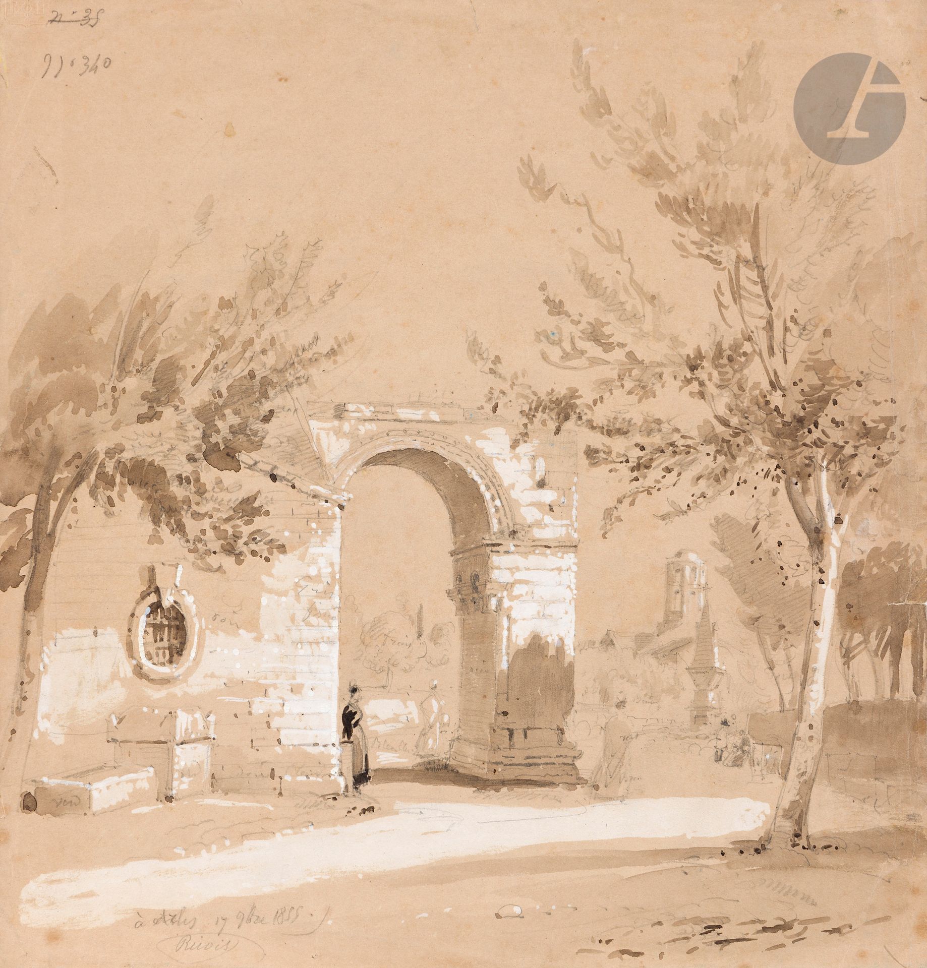 François-Edmé RICOIS (Courtalain 1795 - Mareil-Marly 1881)
Arles, 1855
Encre brune, lavis brun et rehauts de gouache blanche.
Signée, datée et située en bas à gauche.
29 x 31 cm