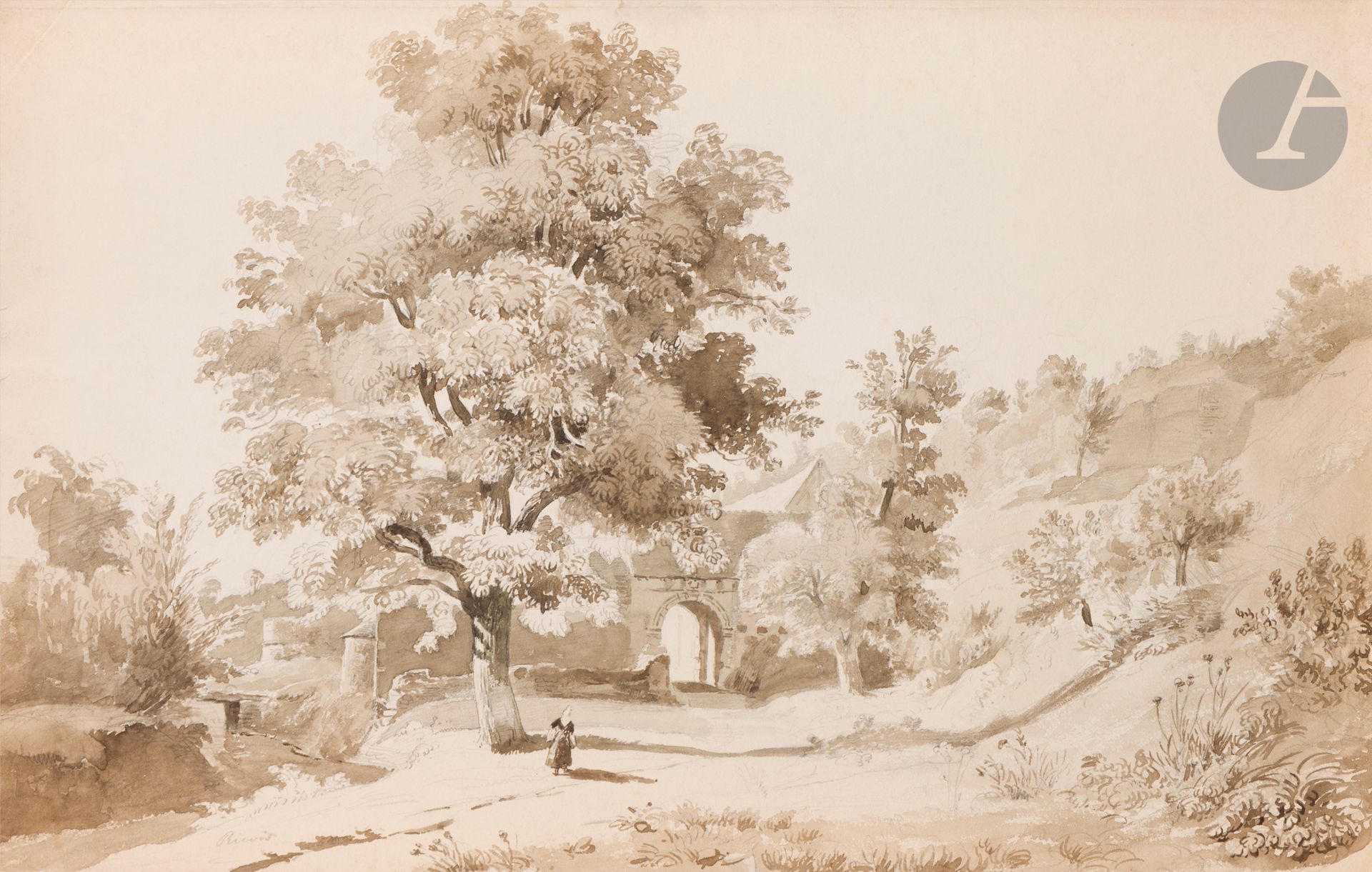 François-Edmé RICOIS (Courtalain 1795 - Mareil-Marly 1881)
Château de Brissac 
Crayon noir et lavis brun.
Signé et situé en bas à gauche.
47 x 30 cm

On joint quatre dessins du même artiste.