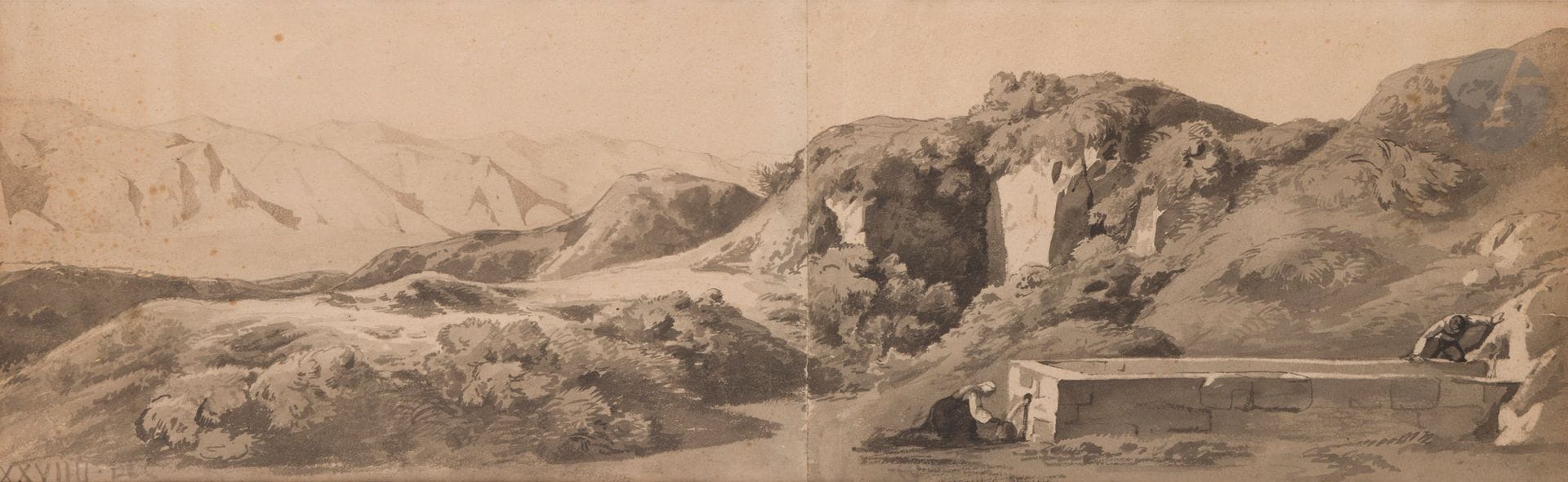 ÉCOLE FRANÇAISE vers 1840
Paysage d’Italie à la fontaine
Lavis d’encre. 
25 x 79 cm