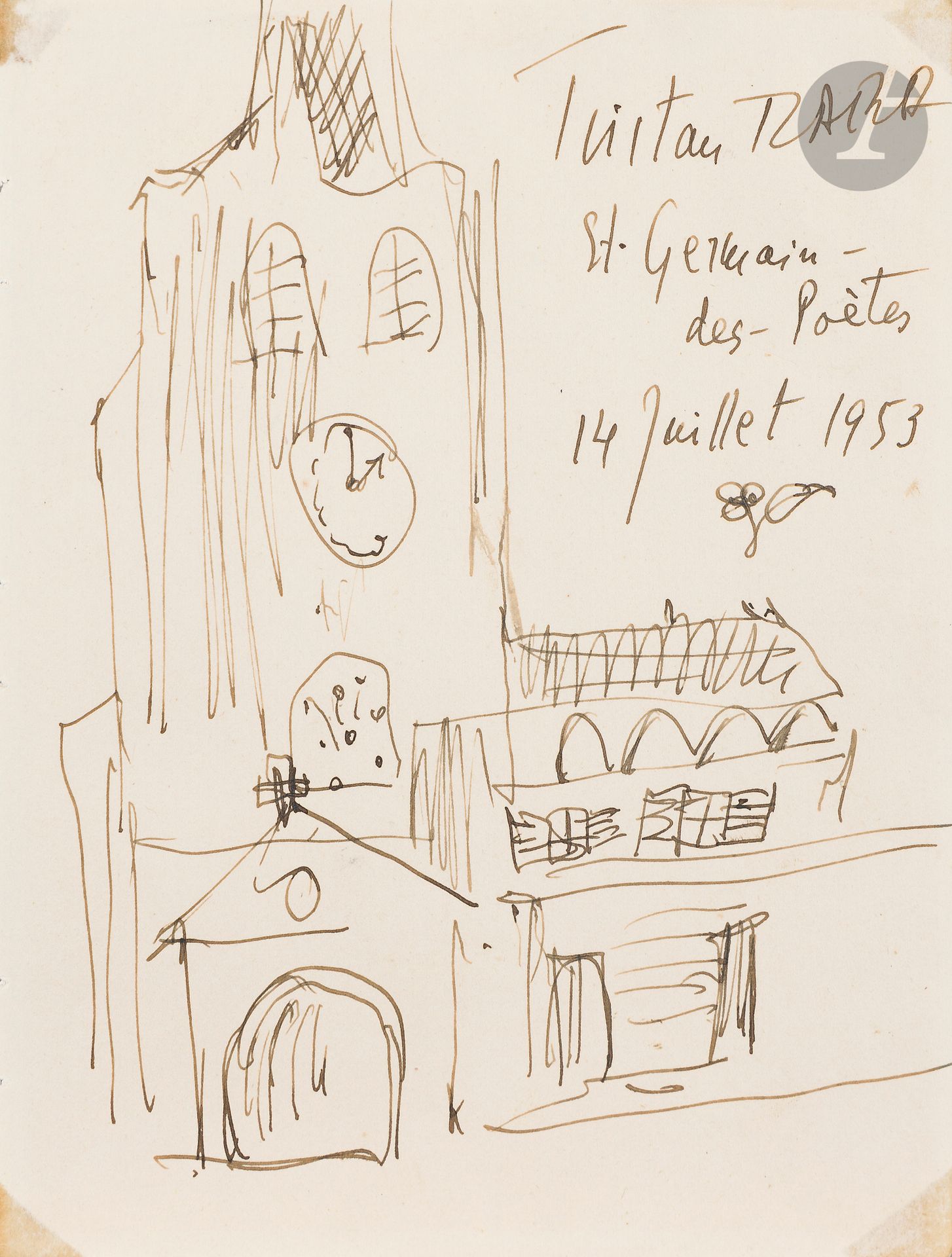 Tristan TZARA (1896 - 1963)
Saint-Germain-des-poètes, 1953
Encre brune.
Signée, datée et titrée en haut à droite.
(Traces de colle dans les angles).
20 x 15 cm