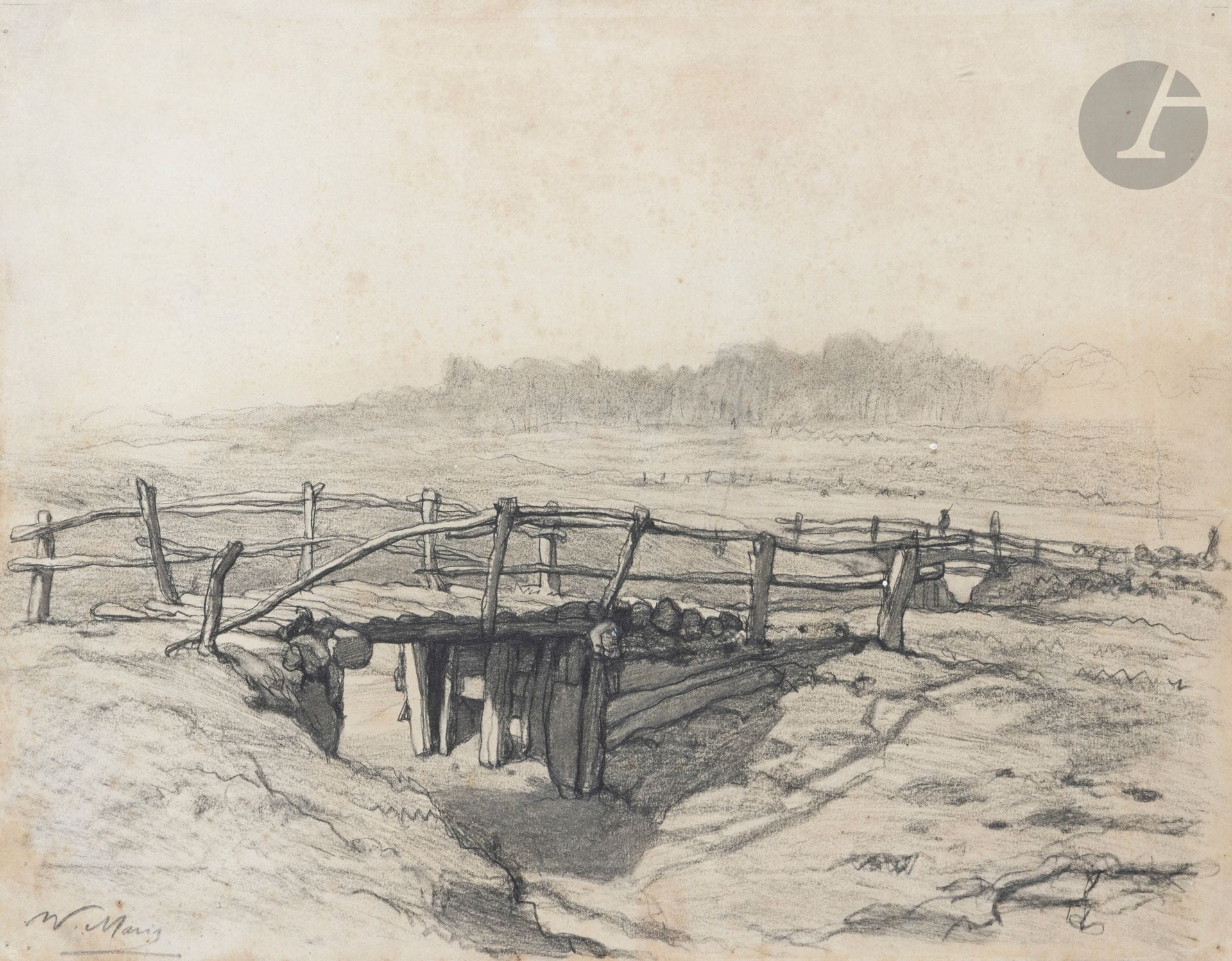 Willem MARIS (The Hague 1844 - 1910)
The Bridge
Charcoal.
Signed lower left.
(Freckles, thumbtack holes in the corners).
34 x 46 cm