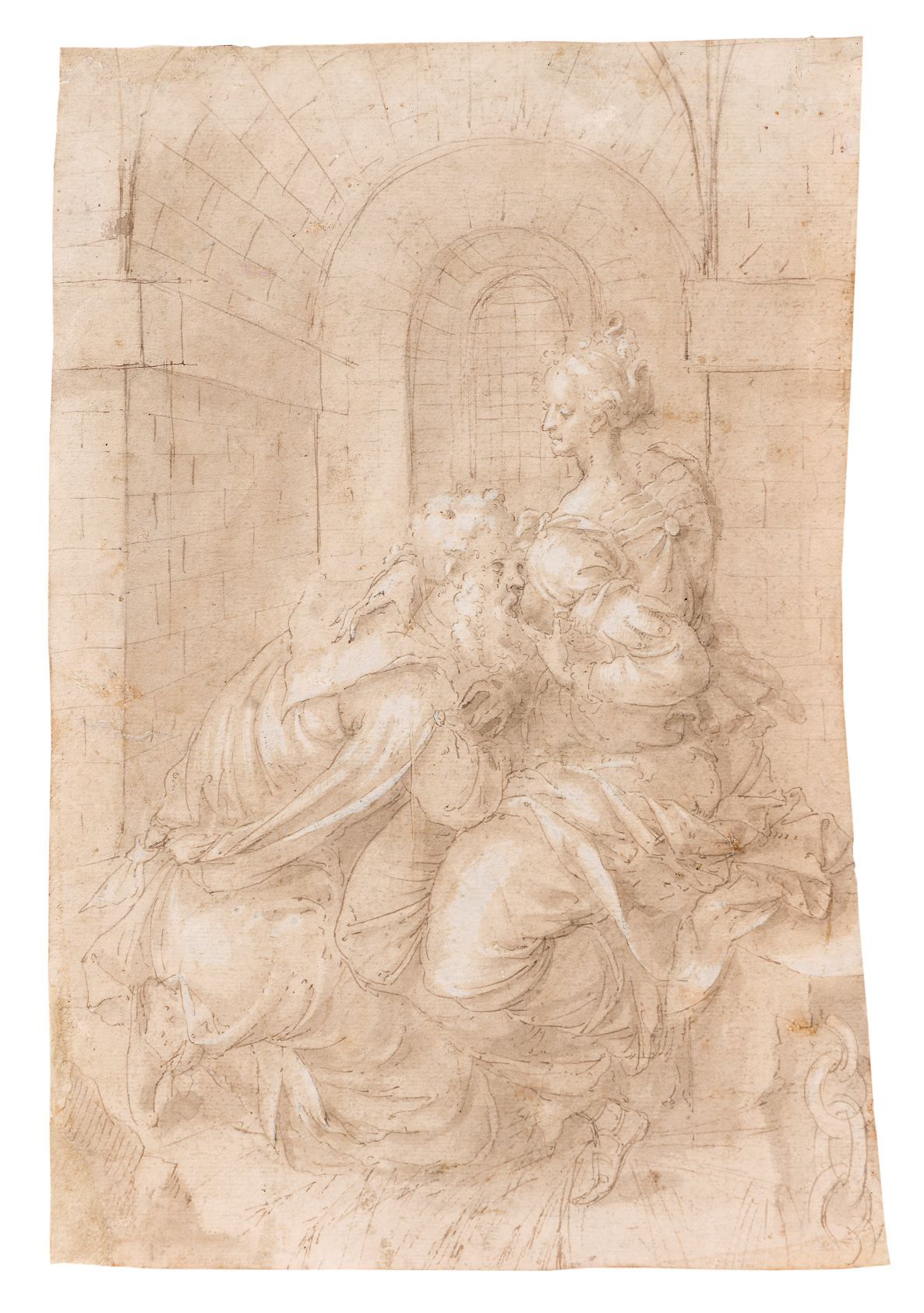 Jean COUSIN le fils (vers 1536 - Paris 1595)
La Charité Romaine
Plume, encre brune, lavis gris-beige et rehauts de gouache blanche.
(Trois coins restaurés, petit trou restauré sur le bord droit - 0,5 x 0,5 cm).
28 x 19 cm

Provenance :
Provient d’un album avec de nombreuses gravures comportant un ex-libris imprimé de Johan Conrad con Reinach 1696, sans doute Johan Konrad von Reinach-Hirtzbach (1657 - 1737) Prince-Évêque de Bale. L’album porte aussi une date manuscrite plus ancienne « anno 1616, 3 July / n° 211 ».

Bibliographie :
D. Cordellier, « Jean Cousin père et Jean Cousin fils : compléments à leurs œuvres dessinés » in Peindre à Paris aux XVe-XVIe siècle, Silvana Editoriale, 2024, cité p. 298, note 47 « Dans le même album se trouvait le dessin d’une Charité Romaine, de même technique, sur le même papier et de facture très similaire ».

Le papier suit exactement les mêmes pontuseaux et vergeures que le Jupiter et Sémélé, les deux dessins ont été dessinés vraisemblablement sur un papier de fabrication identique. Ils proviennent également du même album.