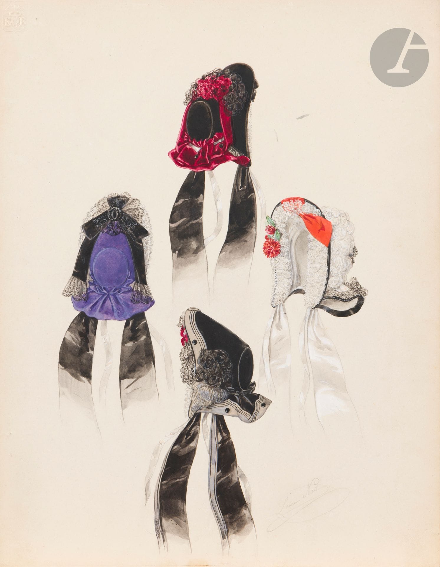 Laure NOËL-COLIN (Paris 1827 - 1878)
Une feuille d’études avec quatre coiffes
Aquarelle sur traits de crayon noir.
Signée en bas au centre au crayon noir. 
Cachet du fabricant de papier en haut à gauche.
(Petite tache en haut à droite et petit trou d’aiguille en bas à gauche).
30 x 23,5 cm

On joint une autre feuille d’études de chapeaux de la même artiste.