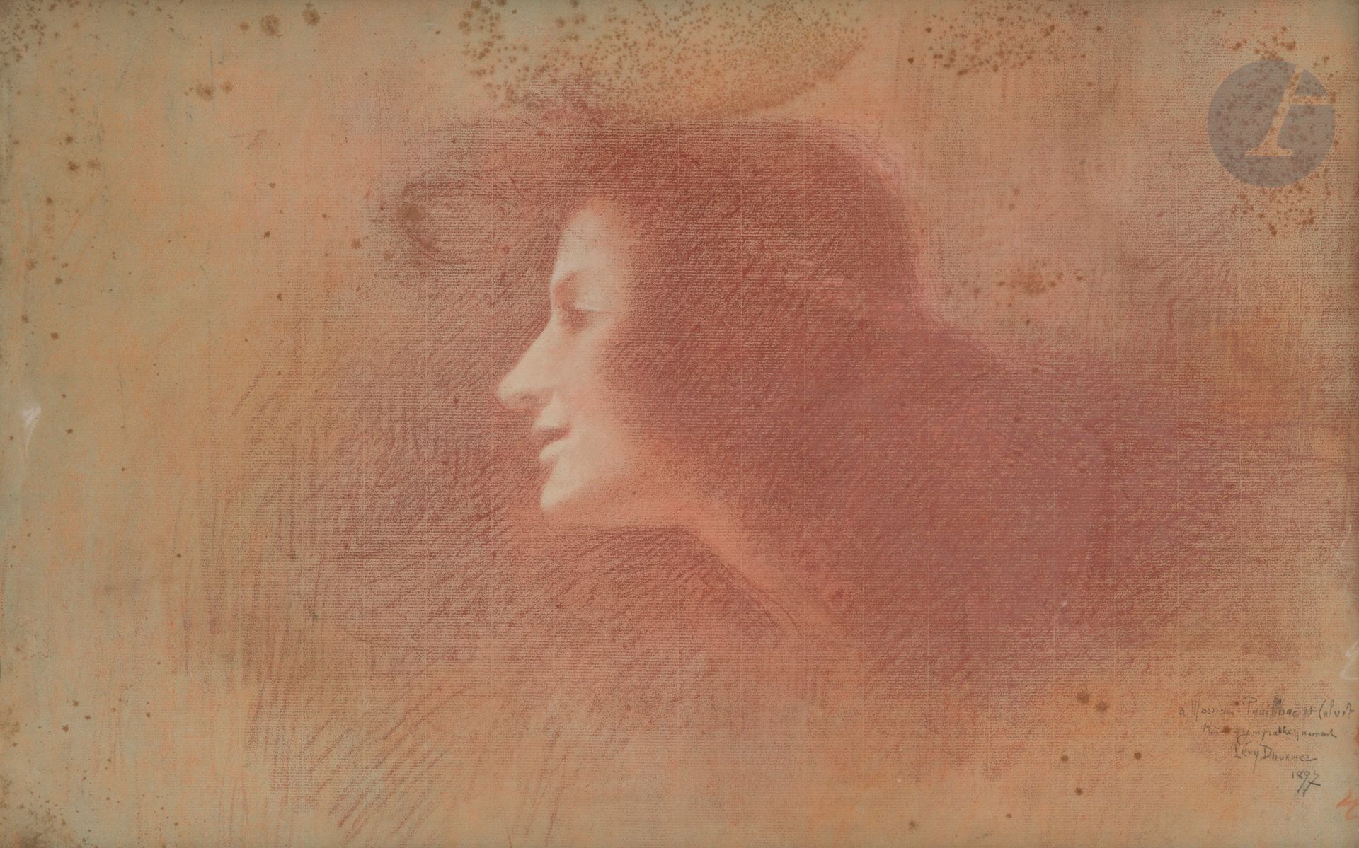 Lucien LÉVY-DHURMER (1865 - 1953)
Profil de femme, 1897
Sanguine et pastel.
Signée, datée et dédicacée « à Messieurs Pauilhac et Calvet , très sympathiquement » en bas à droite.
(Rousseurs).
40 x 60 cm