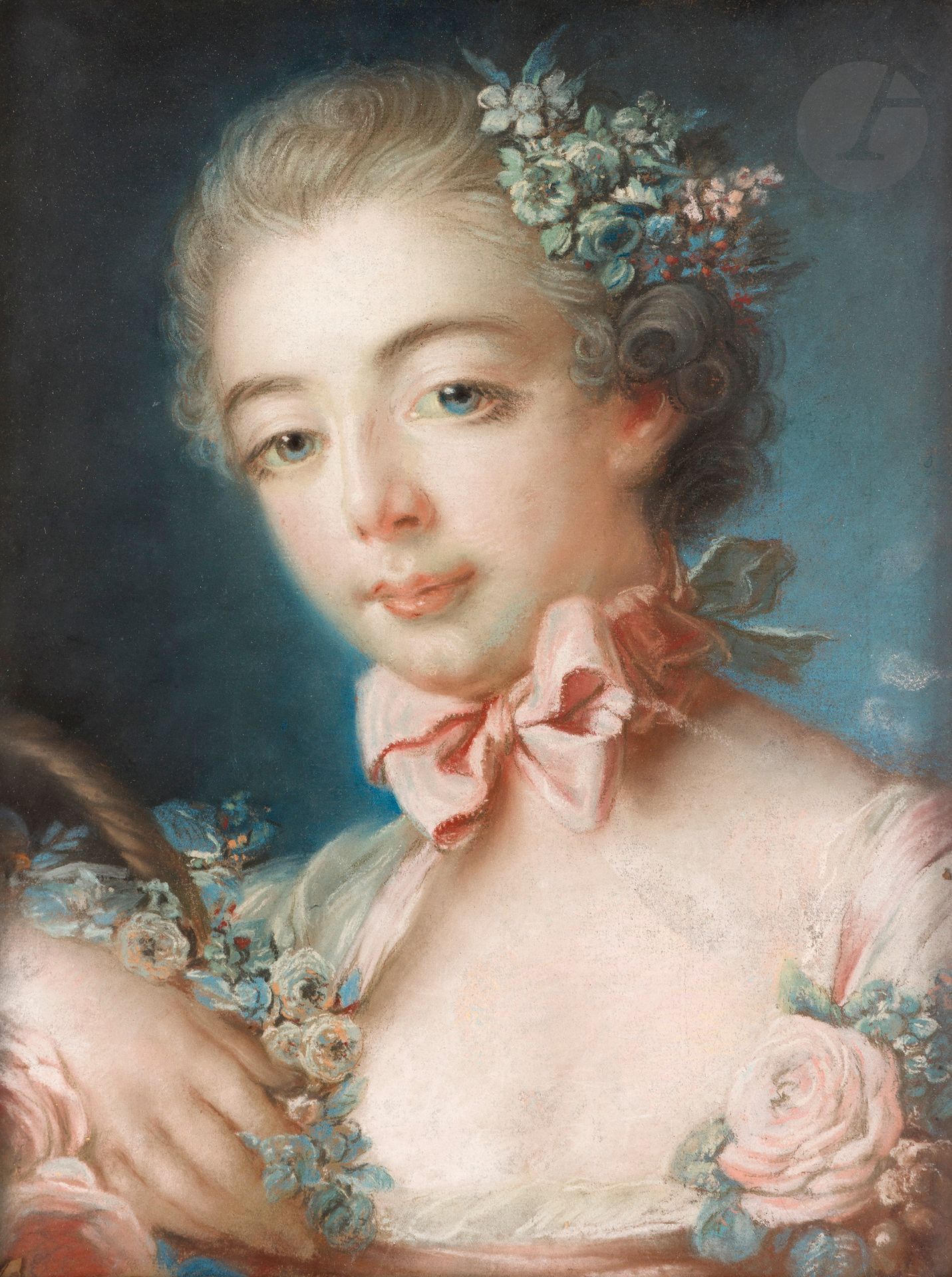 Atelier de François BOUCHER (Paris 1703 - 1770)
Femme en buste aux fleurs
Pastel.
39,5 x 30 cm

Deux exemplaires de notre pastel sont conservés au musée du Louvre (RF 4246 ; inv. 24813).

Nous remercions Monsieur Laing de nous avoir aimablement donné son avis sur ce pastel d’après une photographie.
Nous remercions Madame Joulie de nous avoir aimablement donné son avis sur ce pastel d’après une photographie.
