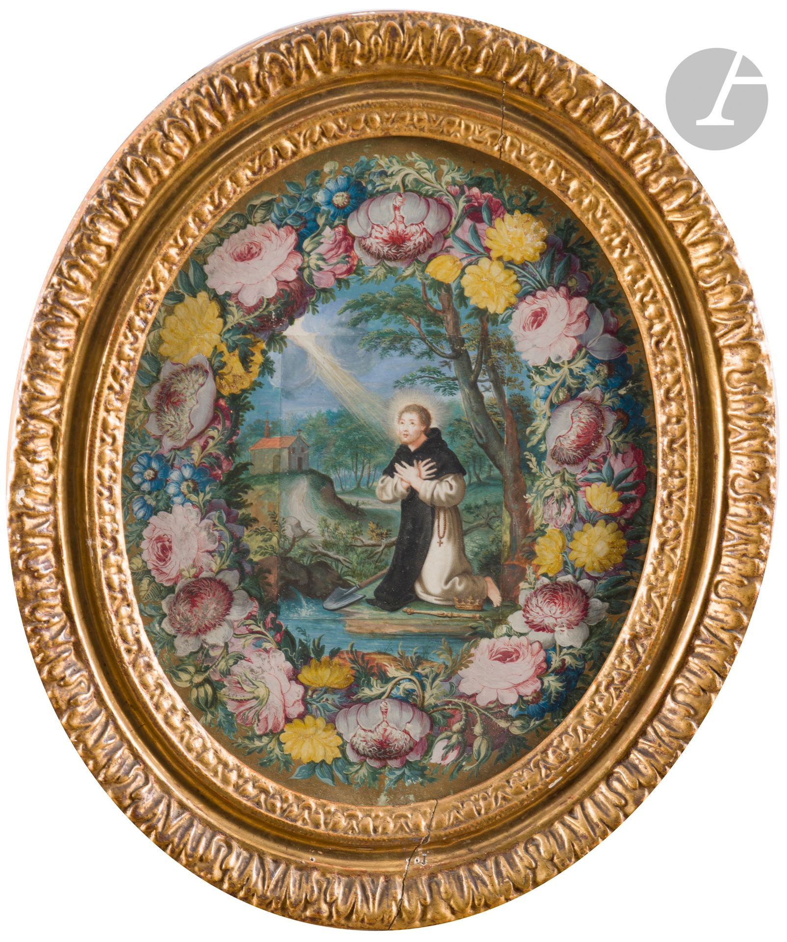 ÉCOLE FRANÇAISE du XVIIIe siècle
Saint Fiacre de Brie ou de Meaux dans une guirlande de fleurs
Gouache. 
(Restaurations anciennes, feuille rectangulaire agrandie à l’ovale).
24 x 19 cm

Saint Fiacre, ermite et thaumaturge irlandais du VIe siècle, se retire à Breuil-en-Brie près de Meaux, où il meurt en 670. Du fait que l’Irlande est appelée « Scotia Minor » (la petite Écosse) au Moyen Âge, il passe comme étant issu de la Maison royale d’Écosse. En tant que moine défricheur, il obtint de saint Faron de Meaux un terrain délimité par un fossé miraculeux, tracé avec la pointe de sa bêche. Il repousse une couronne et un sceptre sous ses pieds, en allusion à sa prétendue origine royale. Populaire en Bretagne au XVIe siècle, il y est souvent représenté en paysan breton avec des braies bouffantes et un chapeau à larges bords, tout en maintenant sa bêche comme attribut distinctif. Il est parfois associé à saint Faron de Meaux et confondu avec saint Isidore le Laboureur. Saint Fiacre est une figure complexe de la tradition hagiographique. Selon Réau Louis, Iconographie de l’art chrétien, Tome 3, Volume 1, 1988, p. 495.