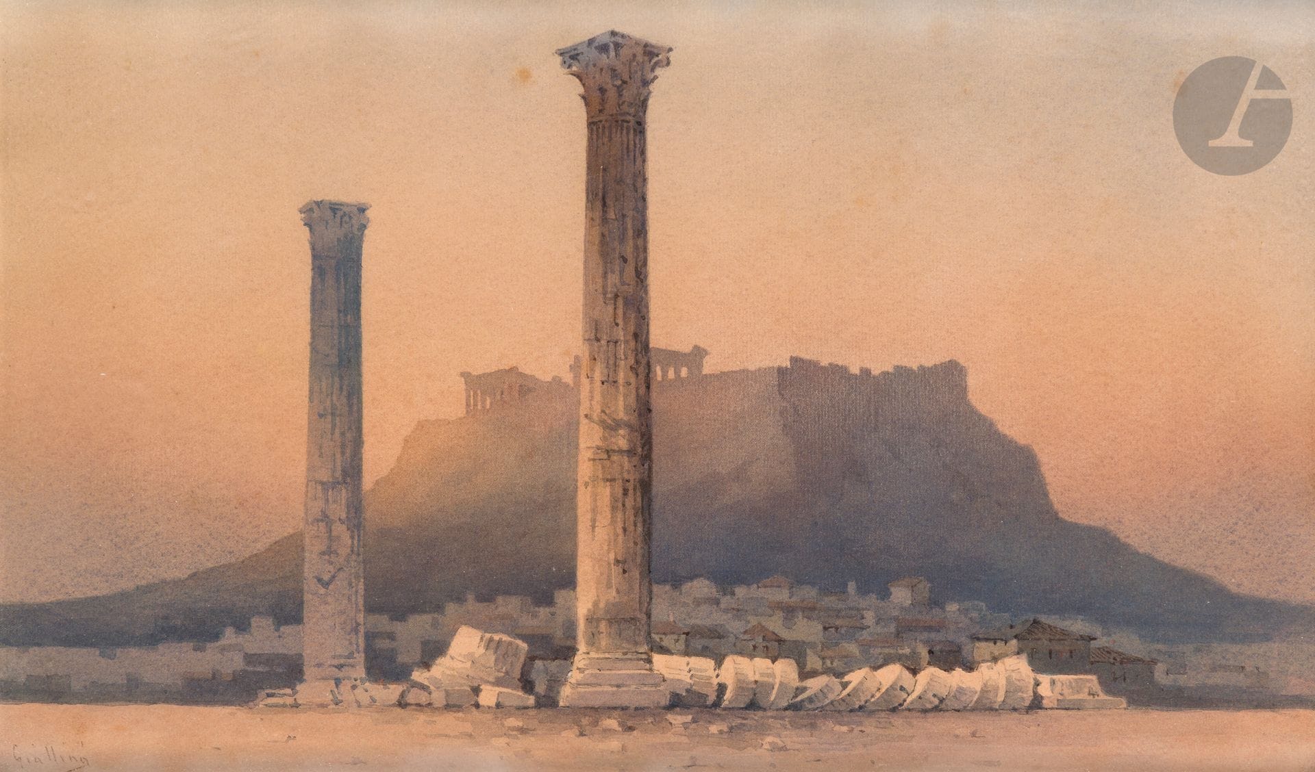Angelos GIALLINA (Corfou 1857 - 1939)
Vue de l’Acropole au soleil couchant
Aquarelle.
Signée en bas à gauche.
(Insolé).
26,5 x 44 cm