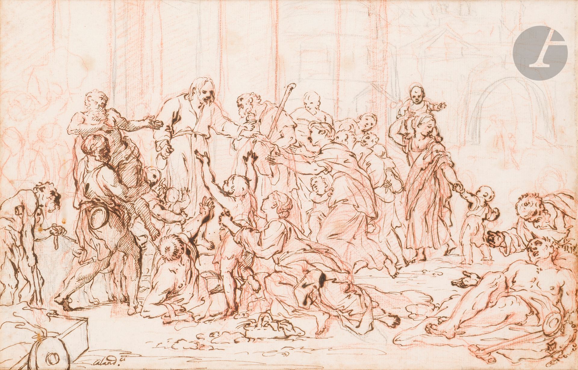 Giacinto CALANDRUCCI (Palermo 1646 - 1707)
Christ healing the sick
Pen and brown ink, over red chalk and black pencil sketch.
Annotated lower left.
According to a note on the reverse of the frame: vente Ader, 1957.
(Slightly oiled, small stains).
26 x 40.5 cm