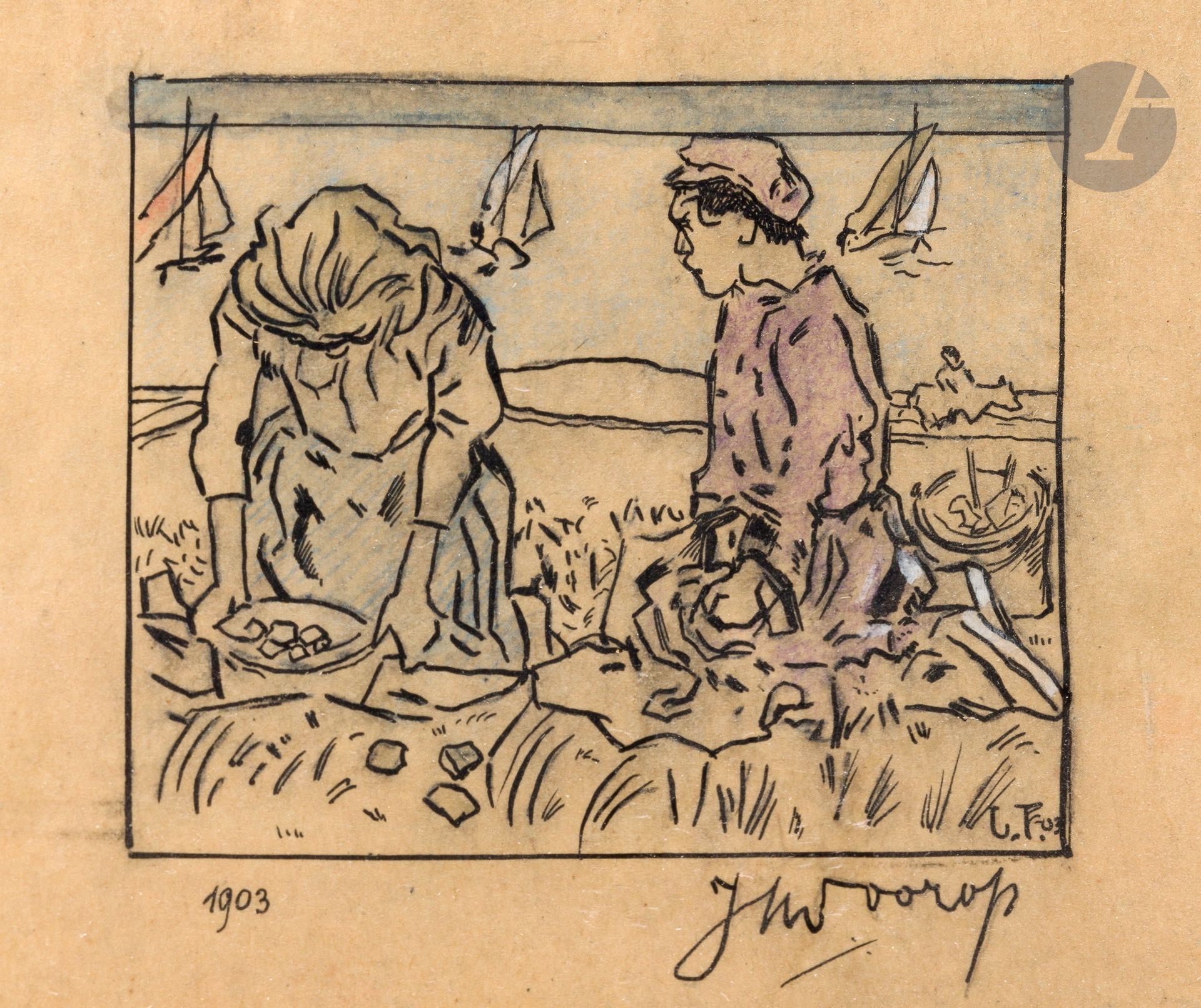 Jan TOOROP (1858 - 1928)
Jeunes filles sur la plage, 1903
Encre, crayons de couleur et rehauts de gouache sur papier japon .
Monogrammée et datée en bas à droite dans la composition.
Signée et datée.
(Collé en plein). 
Sujet : 9 x 11 cm
Feuille : 18,5 x 26,5 cm