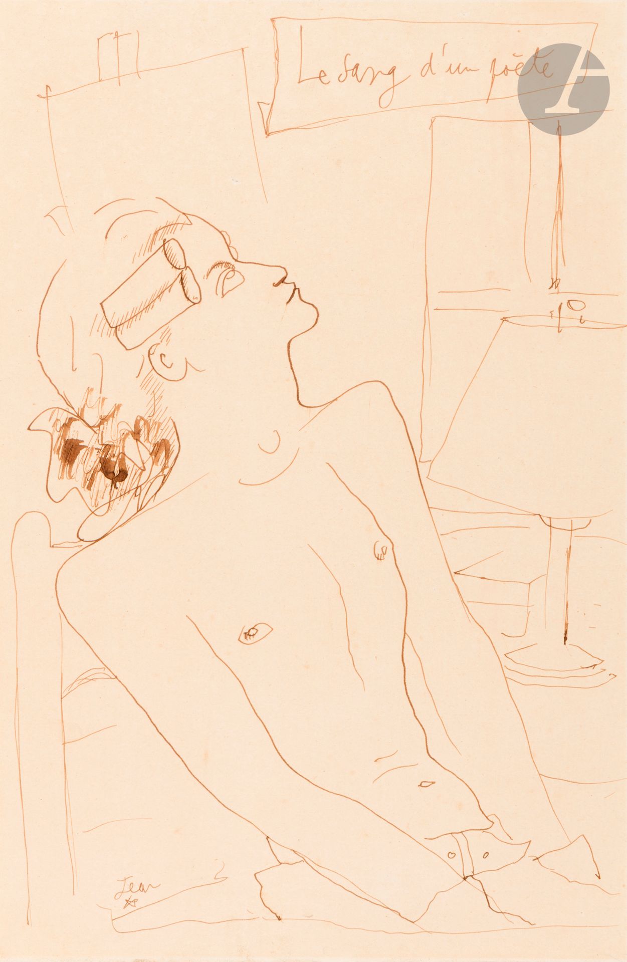 Jean COCTEAU (1889 - 1963)
Le Sang d’un poète, vers 1930
Encre brune sur carton.
Signée en bas à gauche.
Titrée en haut à droite.
36 x 22 cm

Le film Le Sang d’un poète, réalisé par Jean Cocteau en 1930, est sorti en 1932. Notre dessin représente le Poète du film, à moitié vêtu, en perruque Louis XV.

Nous remercions Madame Annie Guédras d’avoir confirmé l’authenticité de cette œuvre. 

Un avis de Madame Annie Guédras, en date du 28 février 2024, sera remis à l’acquéreur.