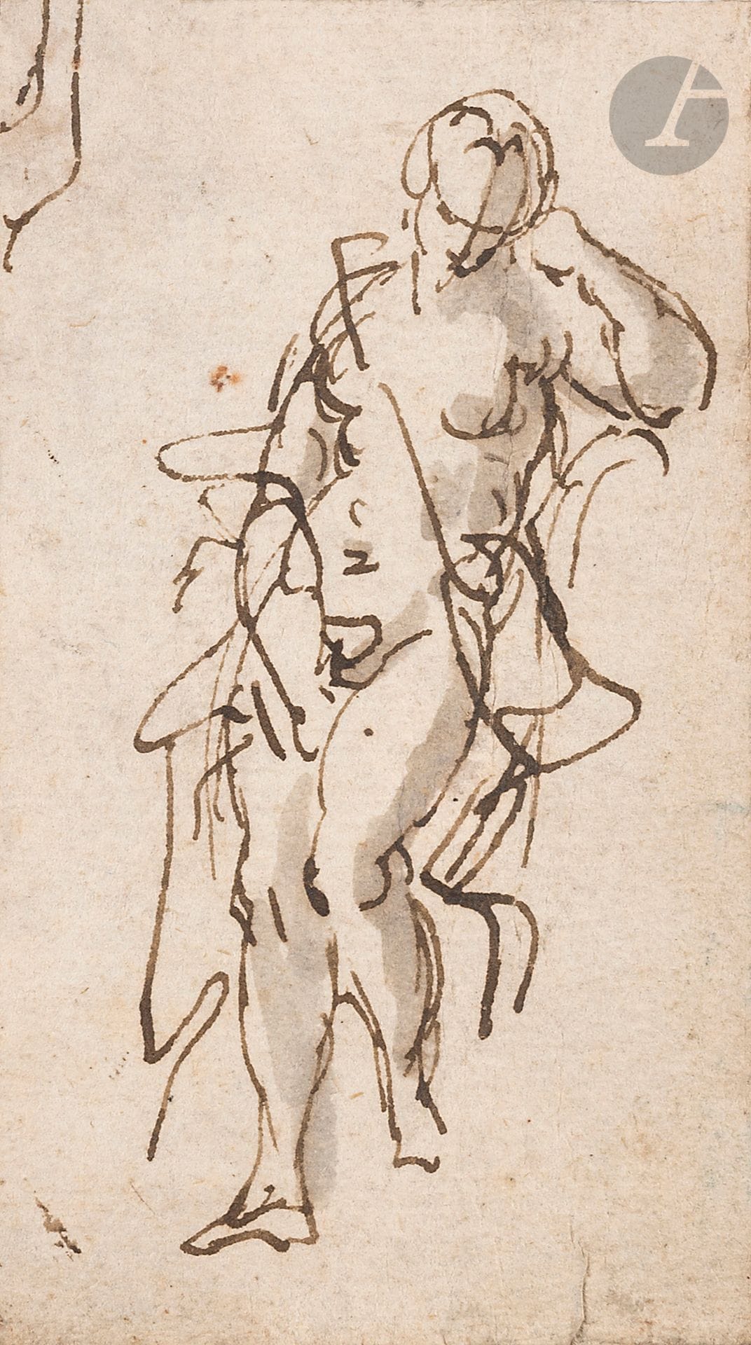 Paolo CALIARI, dit VERONÈSE (Vérone 1528 - Venise 1588)
Étude de femme nue en pied
Plume, encre brune et lavis bistre.
(Feuille découpée, croquis partiel en haut à gauche et au verso).
8,5 x 4,5 cm

Nous remercions Xavier Salomon d’avoir confirmé l’authenticité de ce dessin après un examen de visu.

Cette petite étude inédite fut très probablement découpée dans une feuille remplie de croquis similaires, comme Véronèse avait l’habitude d’en exécuter lors de ses travaux de recherches (voir : R. Cocke, Veronese’s Drawings, a Catalogue Raisonne, London, 1984, Sotheby’s Publications, n° 11 ou n° 52 entre autres, reproduits).
Notre esquisse, rapidement tracée avec souplesse et vivacité, est proche par son sujet et son exécution des figurines qui grouillent dans la feuille d’études de l’ancienne collection Oppé. Plusieurs de ces croquis reprennent des poses de sculptures de la collection du Belvédère au Vatican, et il est probable que Véronèse s’inspire là de gravures. Sur la même feuille, des études préparent une composition de fresque détachée du Palais Trévisan maintenant conservée au musée du Louvre, et datable de la seconde partie des années 1550.