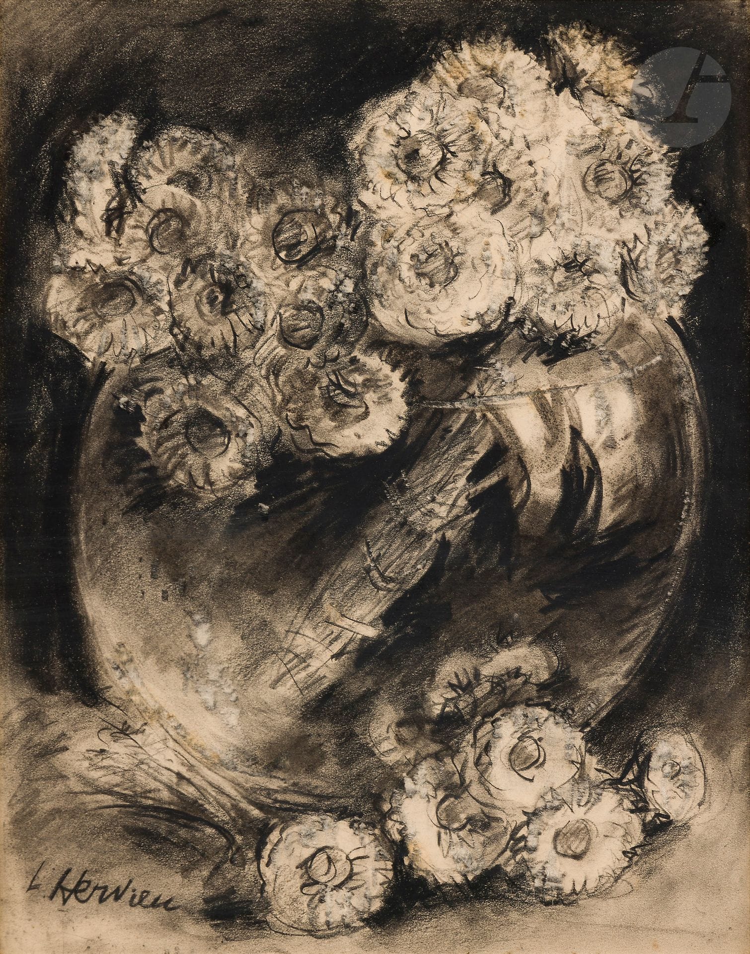 Louise HERVIEU (1878 - 1954)
The Bouquet
Charcoal and shading.
Signed lower left.
27 x 21 cm

Exhibition: 
Louise Hervieu, Galerie Sévigné, Vichy, no. 28 (label on back of mount).