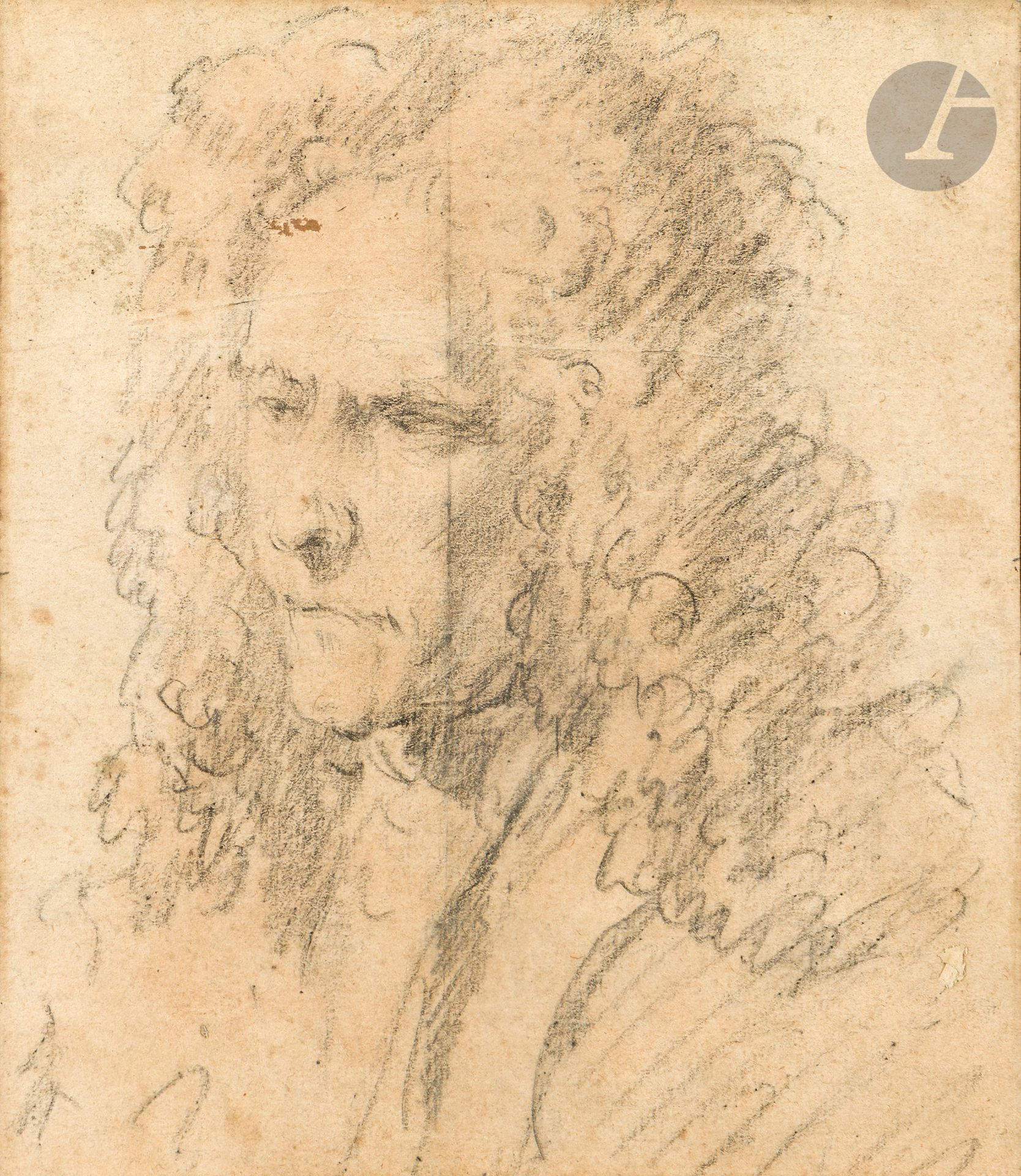 ÉCOLE FRANÇAISE du XVIIIe siècle
Portrait d’homme âgé, en buste
Pierre noire et rehauts de lavis de sanguine.
Selon une indication au verso de l’encadrement ancienne collection de Maurice Feuillet.
(Légèrement insolé, petites taches, dessin doublé).
17 x 14,5 cm