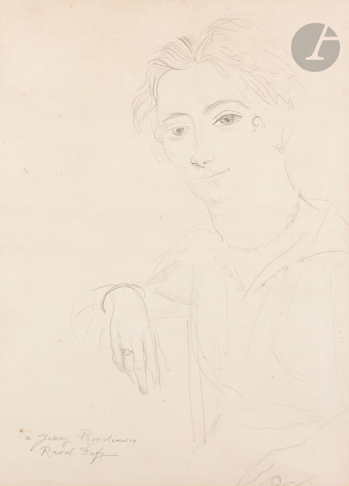 Raoul DUFY (1877 - 1953)
Portrait de Jenny Weiss Roudinesco
Crayon noir.
Signé et dédicacé à Jenny Roudinesco en bas à gauche.
(Rousseurs).
61,5 x 44 cm

Provenance : 
Collection du Dr. Alexandre Roudinesco. Par descendance.