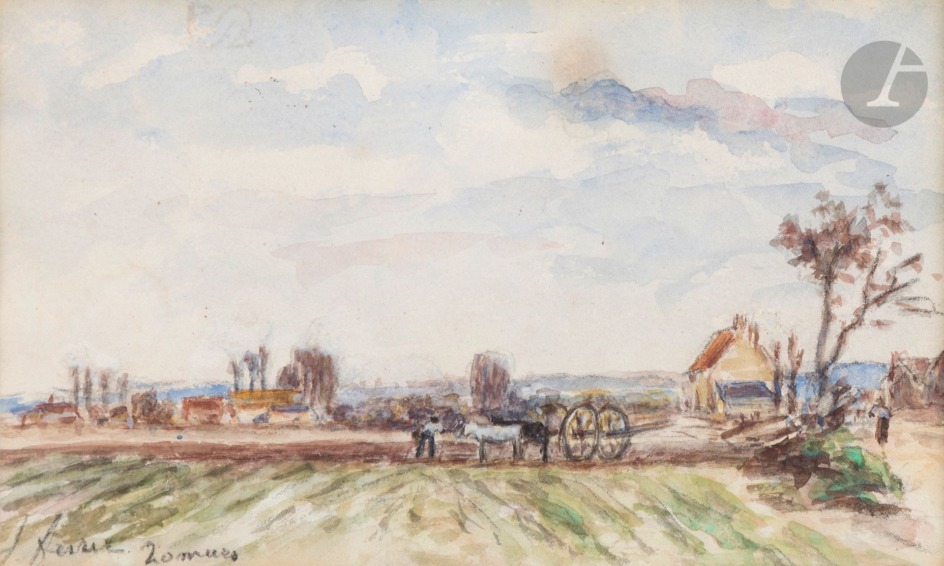 Marie Joséphine FESSER (Namur 1819 - La Côte-Saint-André 1891)
Laboureur, 20 mars
Aquarelle.
Signée et datée en bas à gauche.
11 x 18,5 cm

Il s’agit de la copie par Joséphine Fesser de l’aquarelle suivante de Jongkind, 20 mars 1871, 10,5 x 20,5 cm, Vente Mes Audap Mirabaud, Paris, Hôtel Drouot, 4 décembre 2017, n° 9.

Nous remercions le comité Jongkind-Paris-La Haye de nous avoir aimablement confirmé l’authenticité de cette aquarelle.