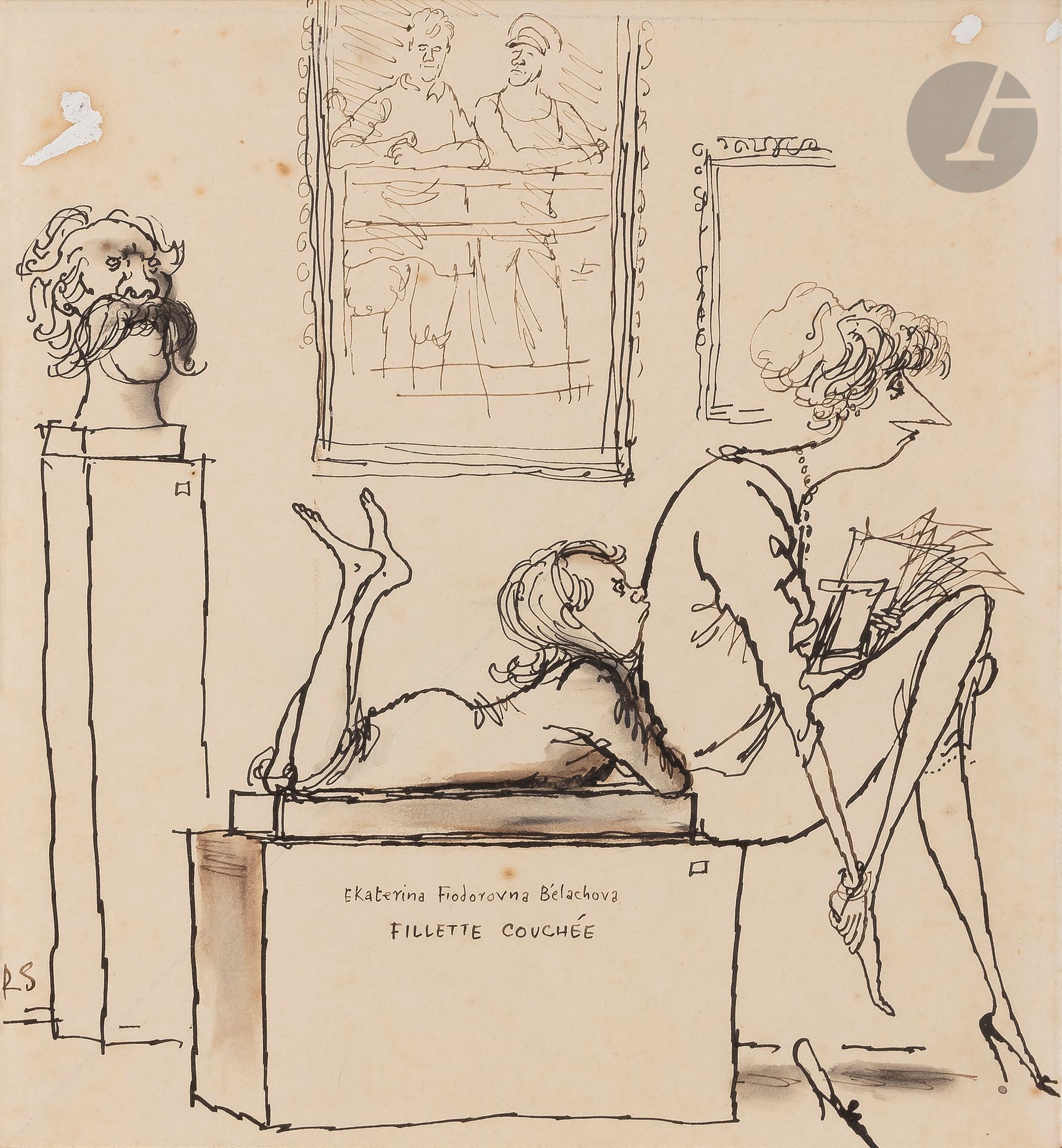 Ronald SEARLE (1920 - 2011)
Ekaterina Fidorovna Bélachova, Fillette couchée
Encre et lavis d’encre.
Monogrammée en bas à gauche.
(Rousseurs).
28 x 26 cm