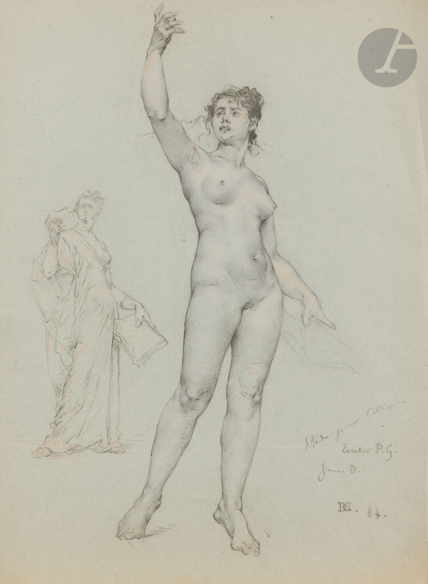 Guillaume DUBUFE (1853 - 1909) 
Full-length female nude, with clothed figure on left edge
Black stone, shading and white gouache highlights on blue paper.
Monogrammed, dated and annotated lower left "Étude pour Calliope, escalier PG, Jeanne D. /84".
(Gouache partially oxidized).
50 x 37 cm