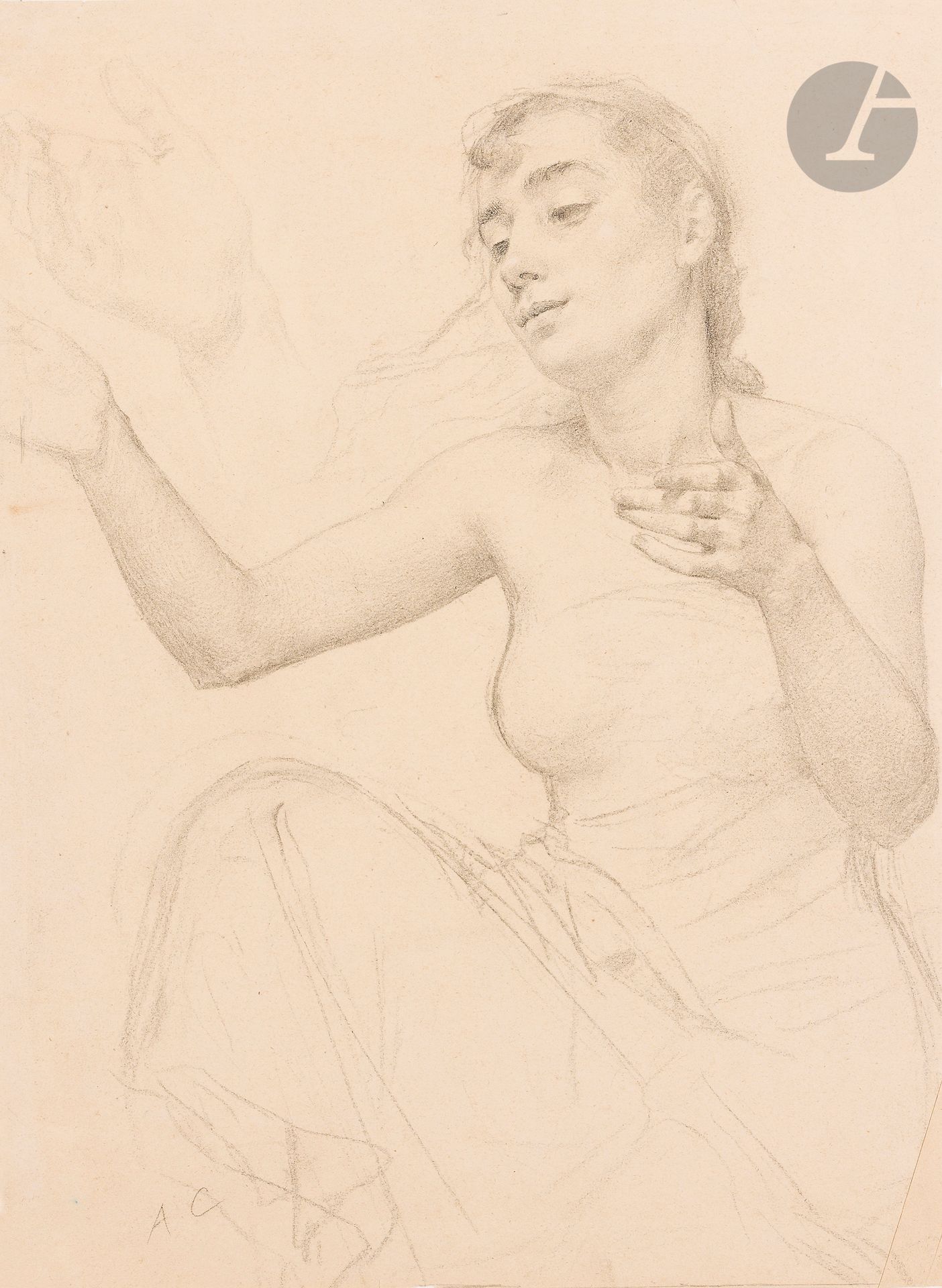 Antoine CALBET (1860 - 1942)
Study of a woman with her hands raised, one hand at top left 
Black pencil and stump on beige paper.
Monogrammed lower left.
(Lower right corner restored, small loss on left edge).
43 x 32 cm