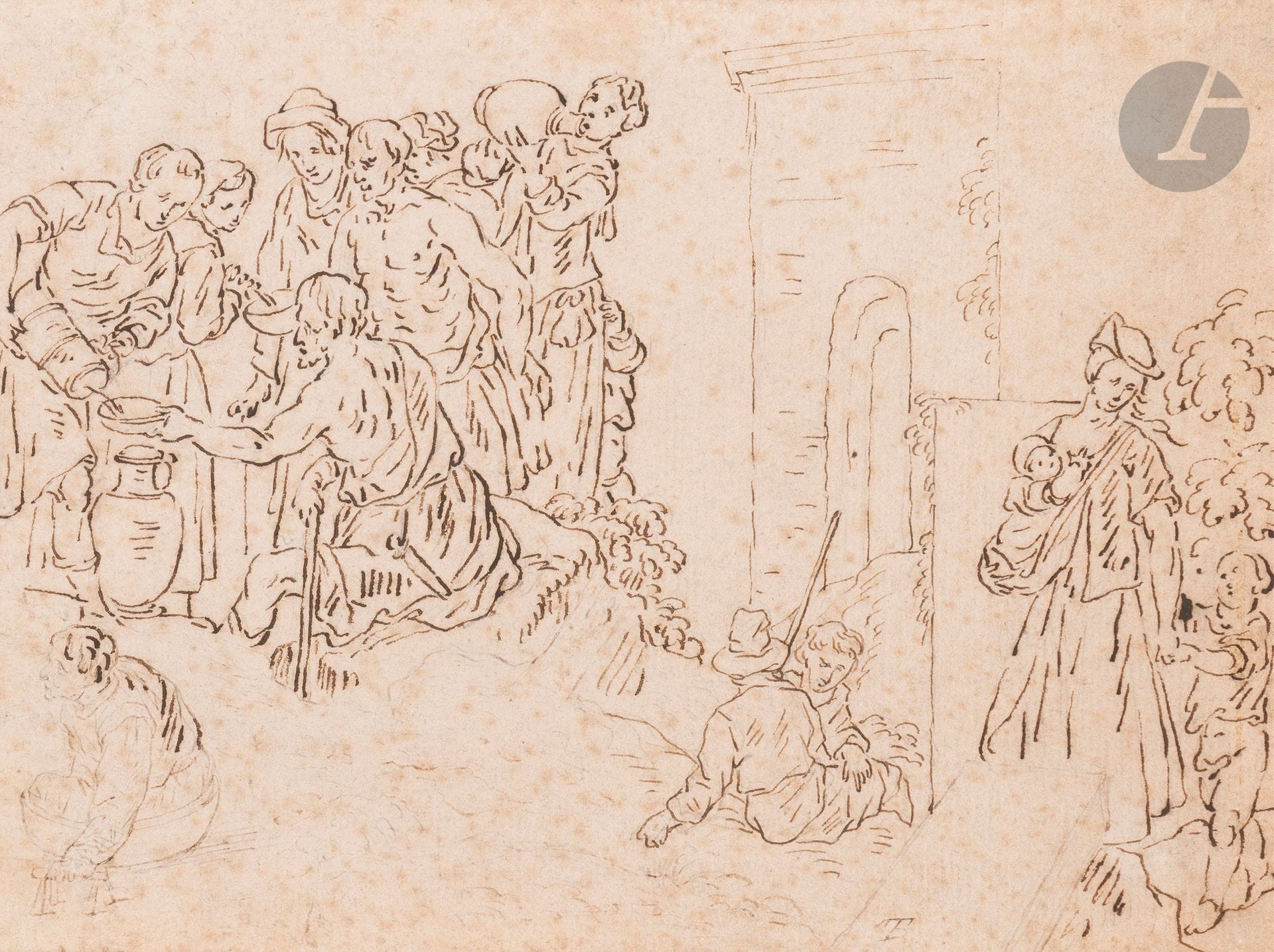 17th century NORTHERN ECOLE
Women feeding the poor
Pen and brown ink over black pencil lines.
Faux Teniers monogram lower right.
Annotated on verso lower left "Heath Collection".
(Slightly oiled, foxing).
18.5 x 25 cm