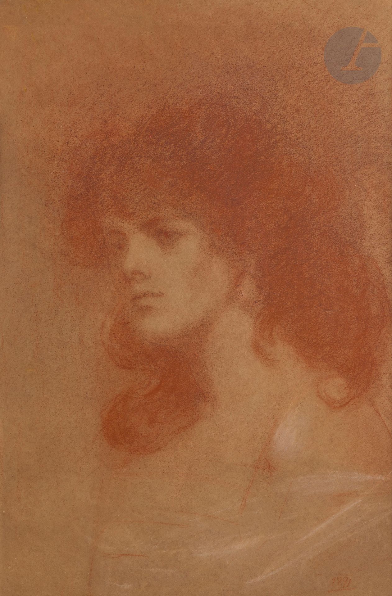 Lucien LÉVY-DHURMER (1865 - 1953)
Portrait of a Woman with an Earring, 1891
Sanguine and white chalk highlights.
Signed and dated lower right (signature faded).
43 x 28.5 cm