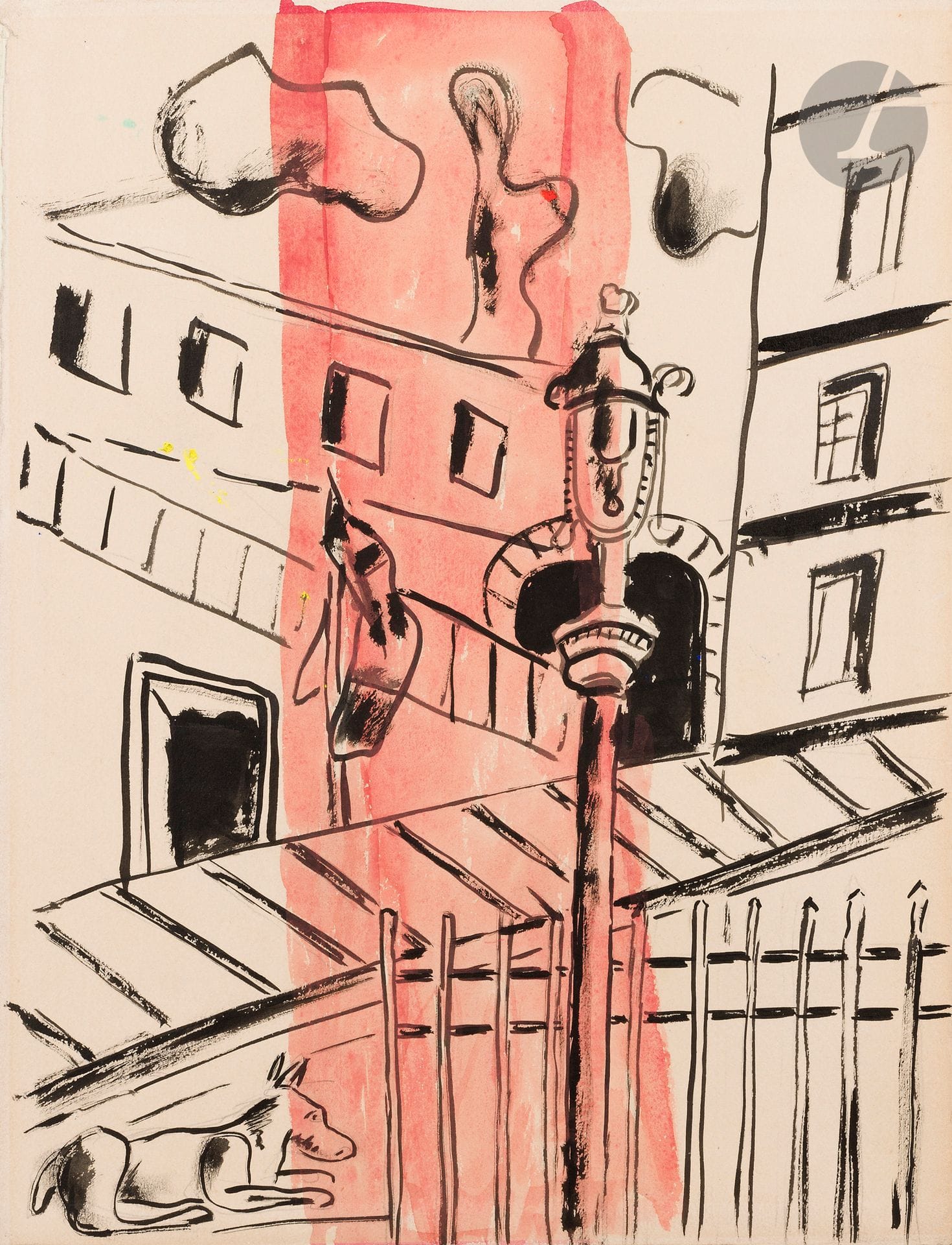 Fernand LEGER (1881-1955)
Le Réverbère, study for the city, circa 1955
Ink and gouache.
Unsigned.
Sketch on verso.
43 x 32 cm

Provenance : 
Nadia Léger Collection.

Exhibition: 
Musée Fernand Léger, Biot, n° G286/5 (label on back). 

A certificate from the Comité Léger may be provided to the purchaser, at his request and expense.