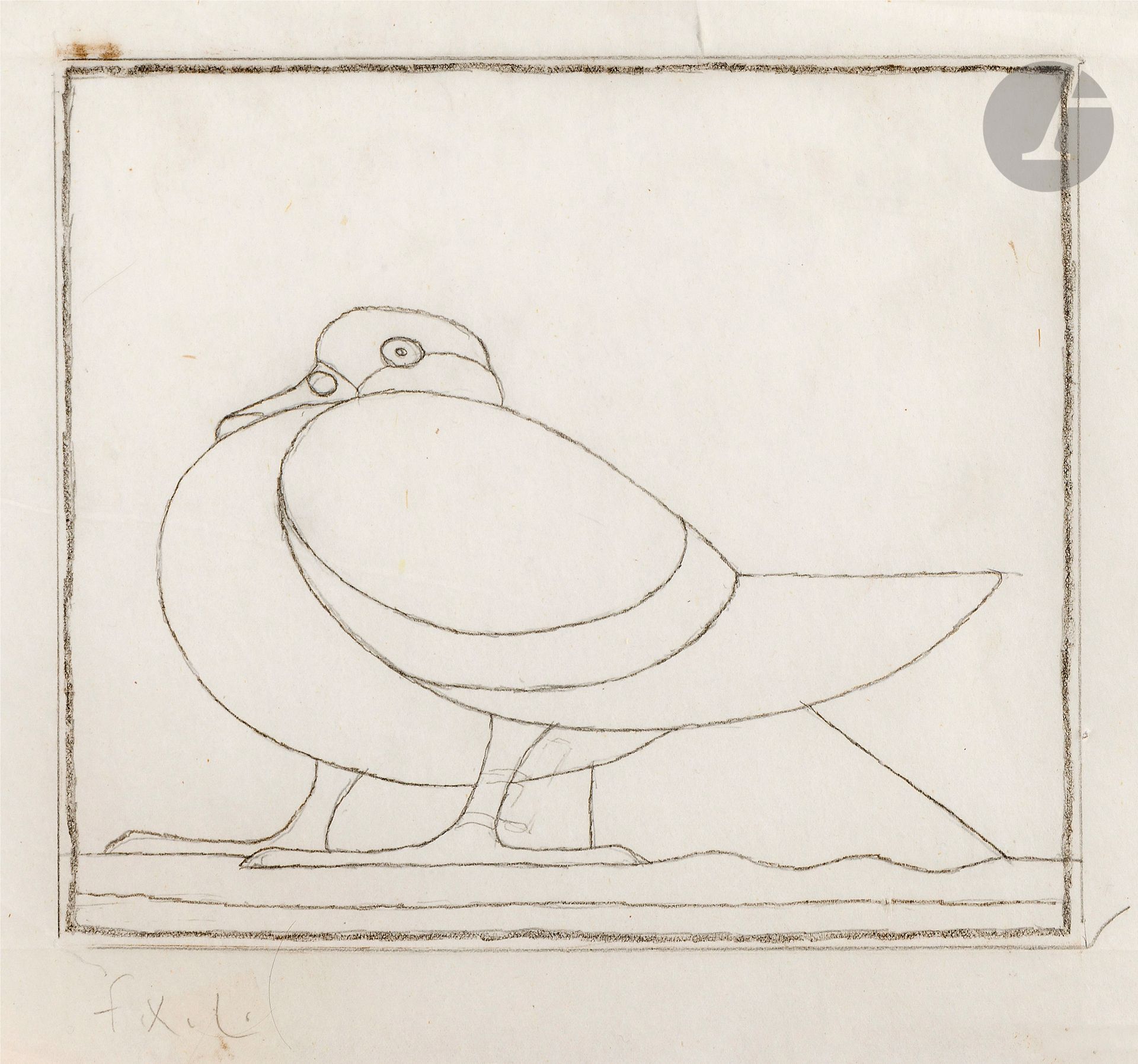 François-Xavier LALANNE (1924 - 2008)
Pigeon
Mine de plomb sur calque.
Monogrammée en bas à droite.
22 x 26 cm

(DECHIRURE SUR LE BORD SUPERIEUR, N'AFFECTANT PAS LE SUJET).

Il s’agit du dessin préparatoire à la gravure reproduite in Patrick Mauriès, Lalanne, Bestiaires, Paris, Presses de Serendip, 2022. 

L’artiste reprend ici le motif de sa célèbre lampe Pigeon, conçue en 1991.