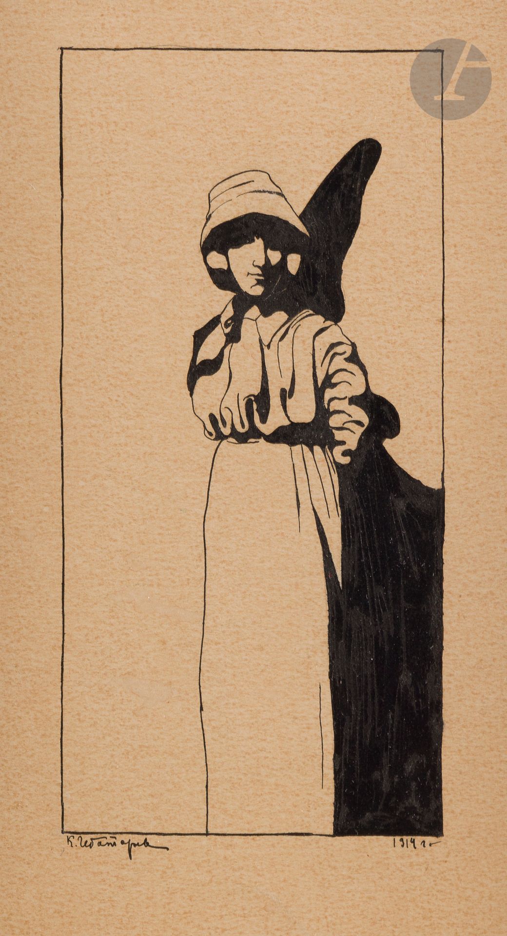 Konstantin CEBOTAREV (1892 - 1974)
Woman with hat, 1914
Ink on beige paper.
Signed lower left and dated lower right.
22.5 x 14 cm