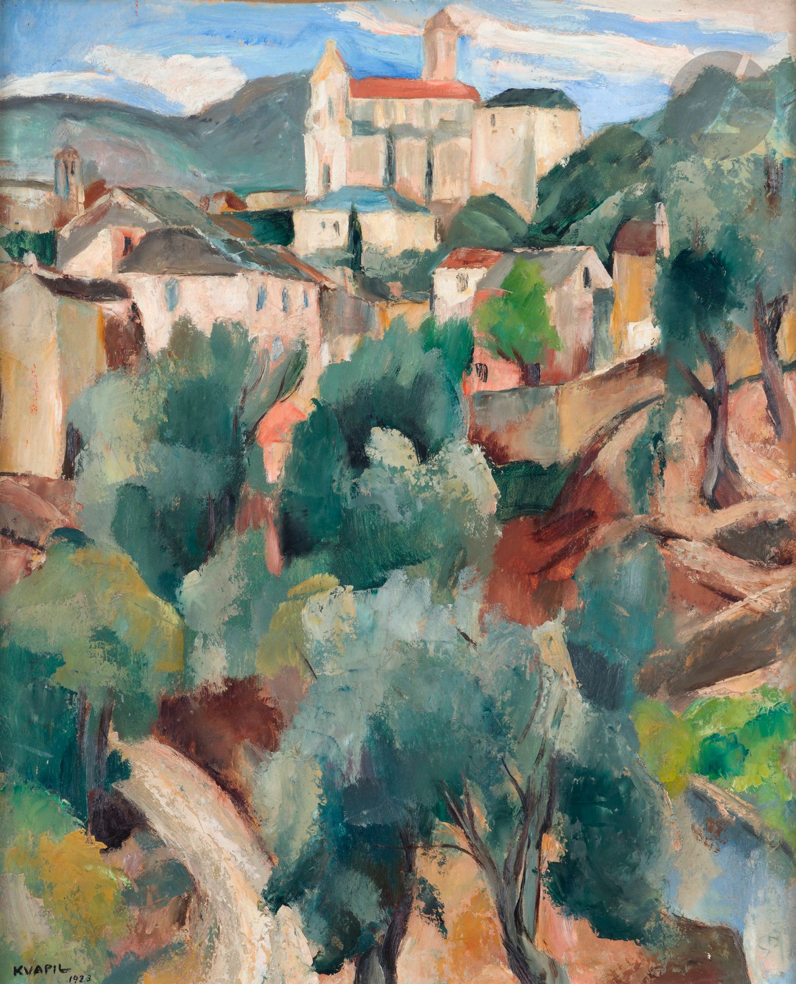 Charles KVAPIL (1884-1958)
Corse, Rogliano, 1923
Huile sur carton.
Signée et datée en bas à gauche. 
Titrée au dos.
61,5 x 50 cm