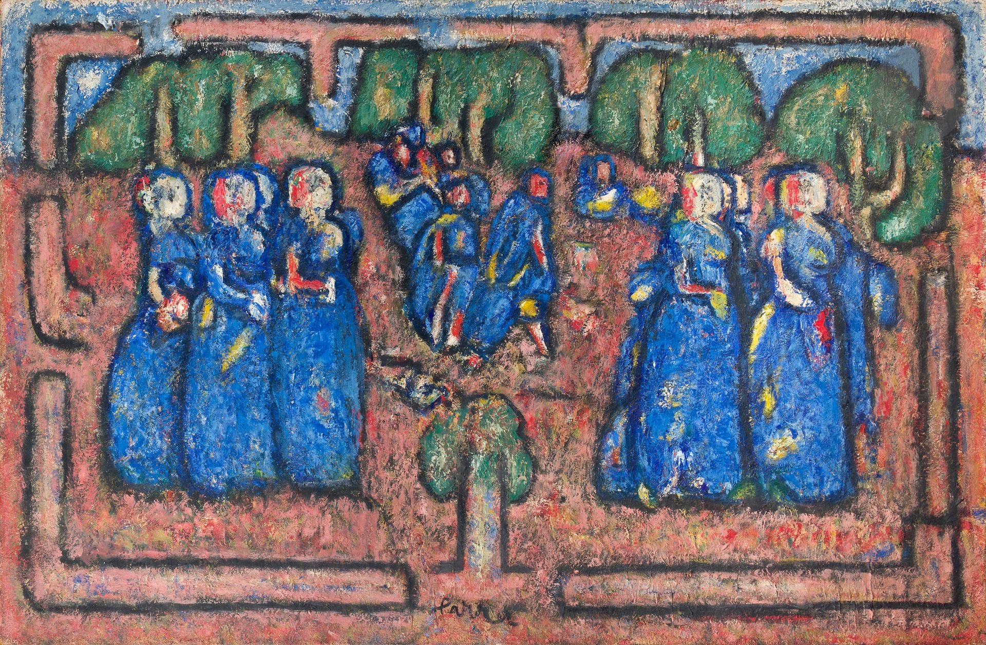 Ginés PARRA (1896-1960)
Bretagne, Femmes dans un paysage
Huile sur toile.
Signée en pied.
(Manque et restaurations).
97 x 150 cm

Exposition :
Salon des Indépendants, Paris, 19 avril - 13 mai 1958, n° 2810 (étiquette au dos sur le châssis).