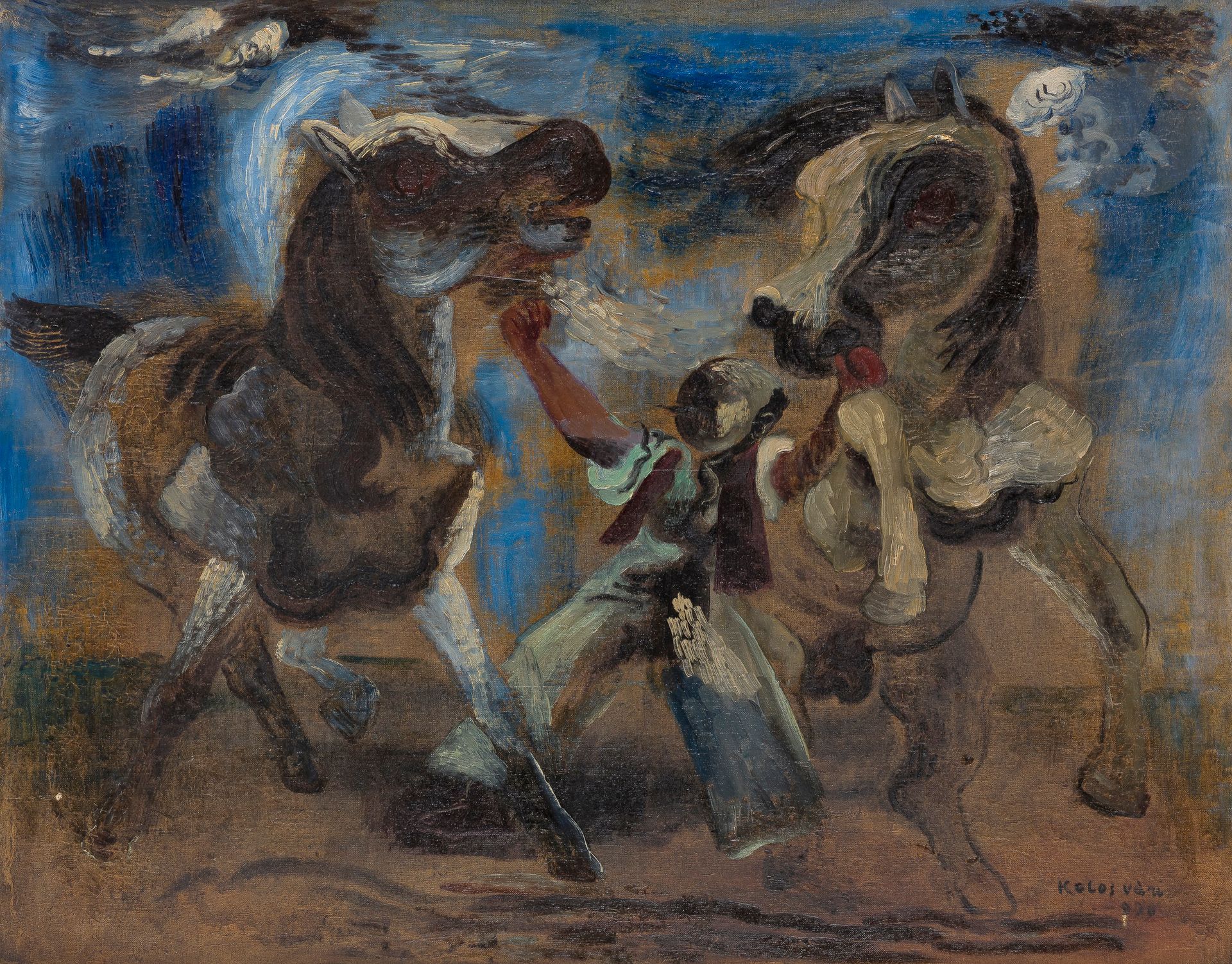 Sigismond KOLOS-VARY (1899-1983)
Homme aux deux chevaux, 1930
Huile sur toile.
Signée et datée en bas droite.
(Accident, petits manques et craquelures).
73 x 92 cm