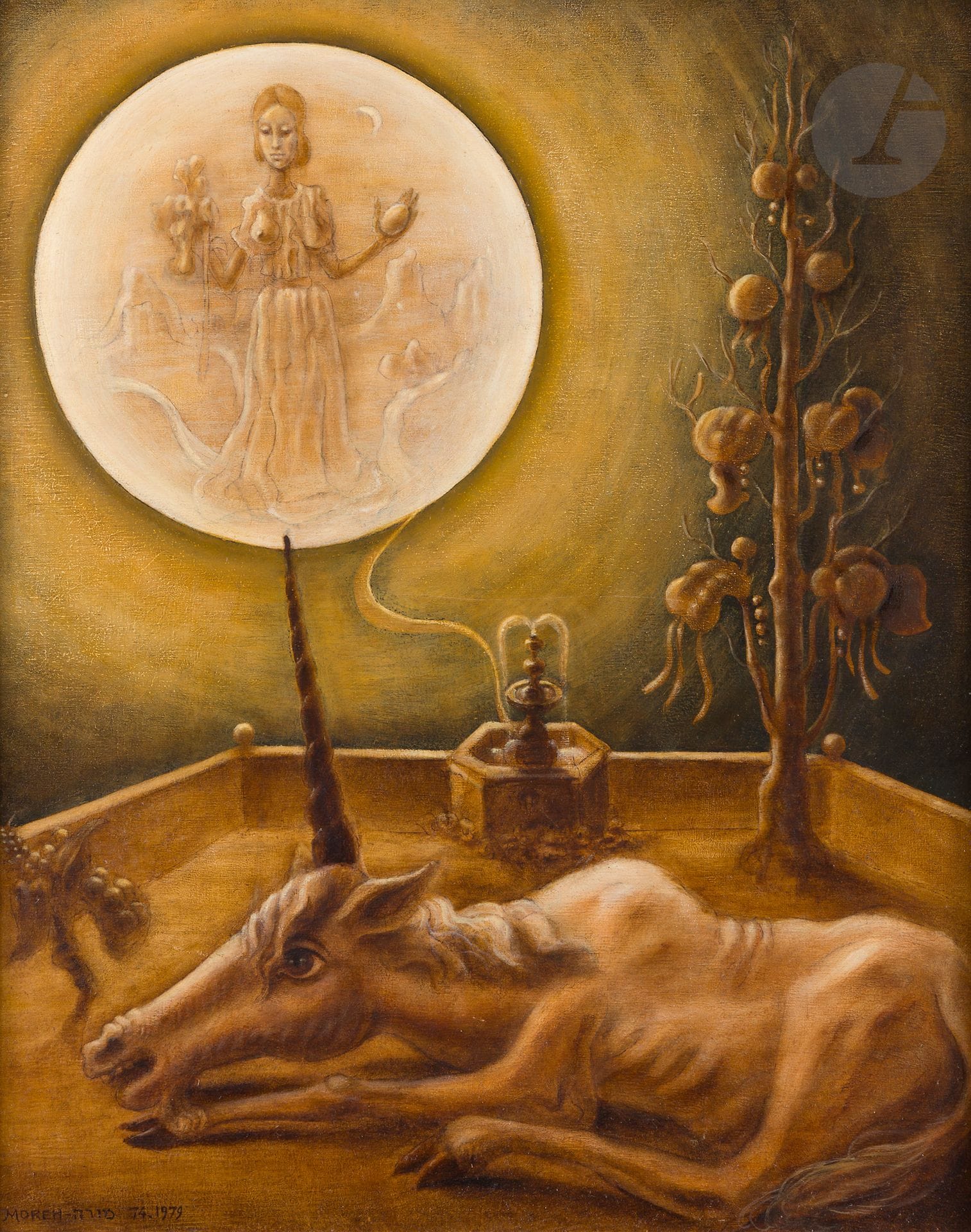 Mordecai MOREH (b. 1937)
The Moon Maiden, 1974-79
Oil on panel.
Signed and dated lower left.
Signed, dated and titled on the back.
41.5 x 33 cm