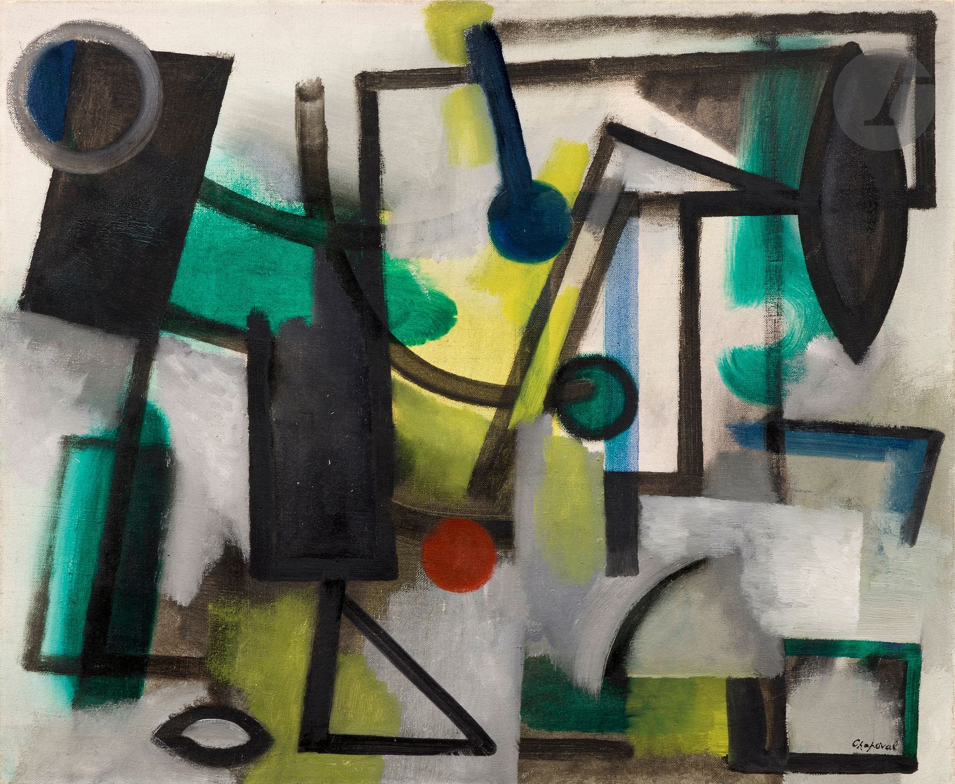 Youla CHAPOVAL (1919-1951)
Boules de couleurs, vers 1949
Huile sur toile.
Timbre de la signature en bas à droite.
Titrée au dos.
50 x 61 cm

Provenance : 
- Madame Bella Chapoval-Moisesco, sœur de Youla Chapoval.
- Collection Madame et Monsieur Moisset, France.

Expositions : 
- Youla Chapoval : 1919-1951, Musée d’Art moderne de la Ville de Paris, octobre - novembre 1964, catalogue, n° 38 (étiquette au dos sur le châssis).
- Youla Chapoval, Musée d’Art moderne, Villeneuve-d’Ascq, mars - mai 1991, n° 33.

Bibliographie : 
Évelyne et Marie-Laure Moisset, Youla Chapoval, Catalogue raisonné de l’œuvre peint, Paris, Les Éditions de l’amateur, 2015, n° 483, reproduit p. 299.