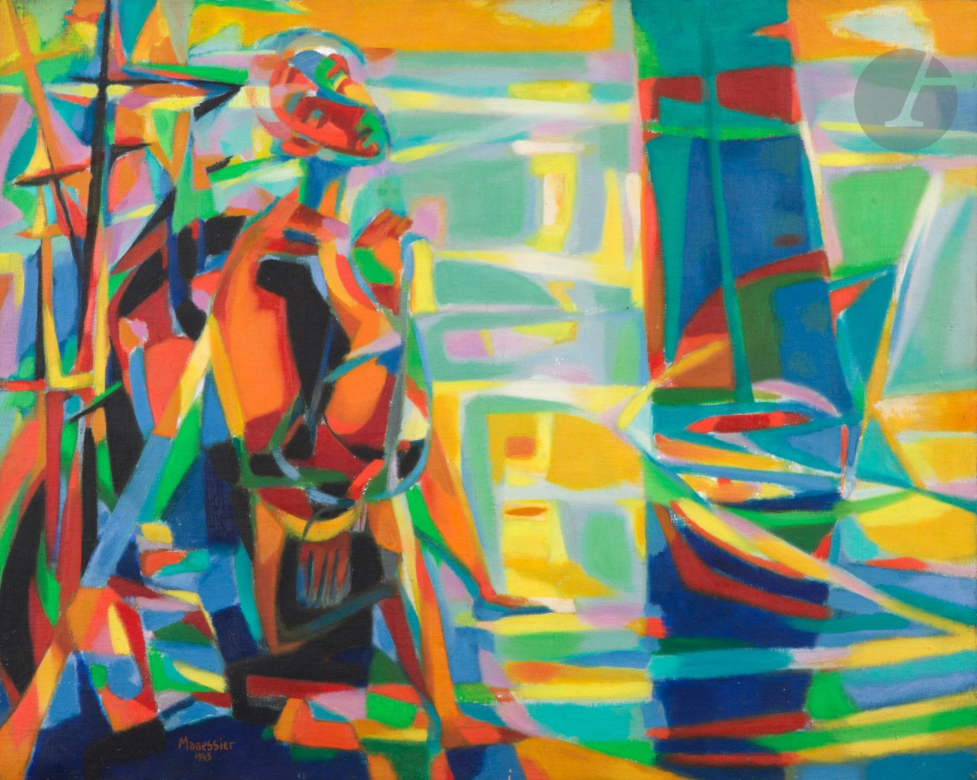 Alfred MANESSIER (1911-1993)
Le Port au clair matin ou Le Bout de l’estacade [du Crotoy], 1943
Huile sur toile.
Signée et datée en bas à gauche.
Titrée au dos.
65 x 81 cm

Provenance : 
Collection Gaston Diehl, acquis auprès de l’artiste le 27 juin 1945. Par descendance.

Bibliographie : 
Bernard Ceysson, Jean-Marie Lhôte, Christine Manessier,Manessier - Lumières du Nord, Tournai, Éditions La Renaissance du Livre, 2000, reproduit p. 40.

Nous remercions Madame Christine Manessier d’avoir confirmé l’authenticité de cette œuvre et pour les informations qu’elle nous a transmises.

Il s’agit d’un rare tableau où l’artiste, Alfred Manessier, s’est représenté.