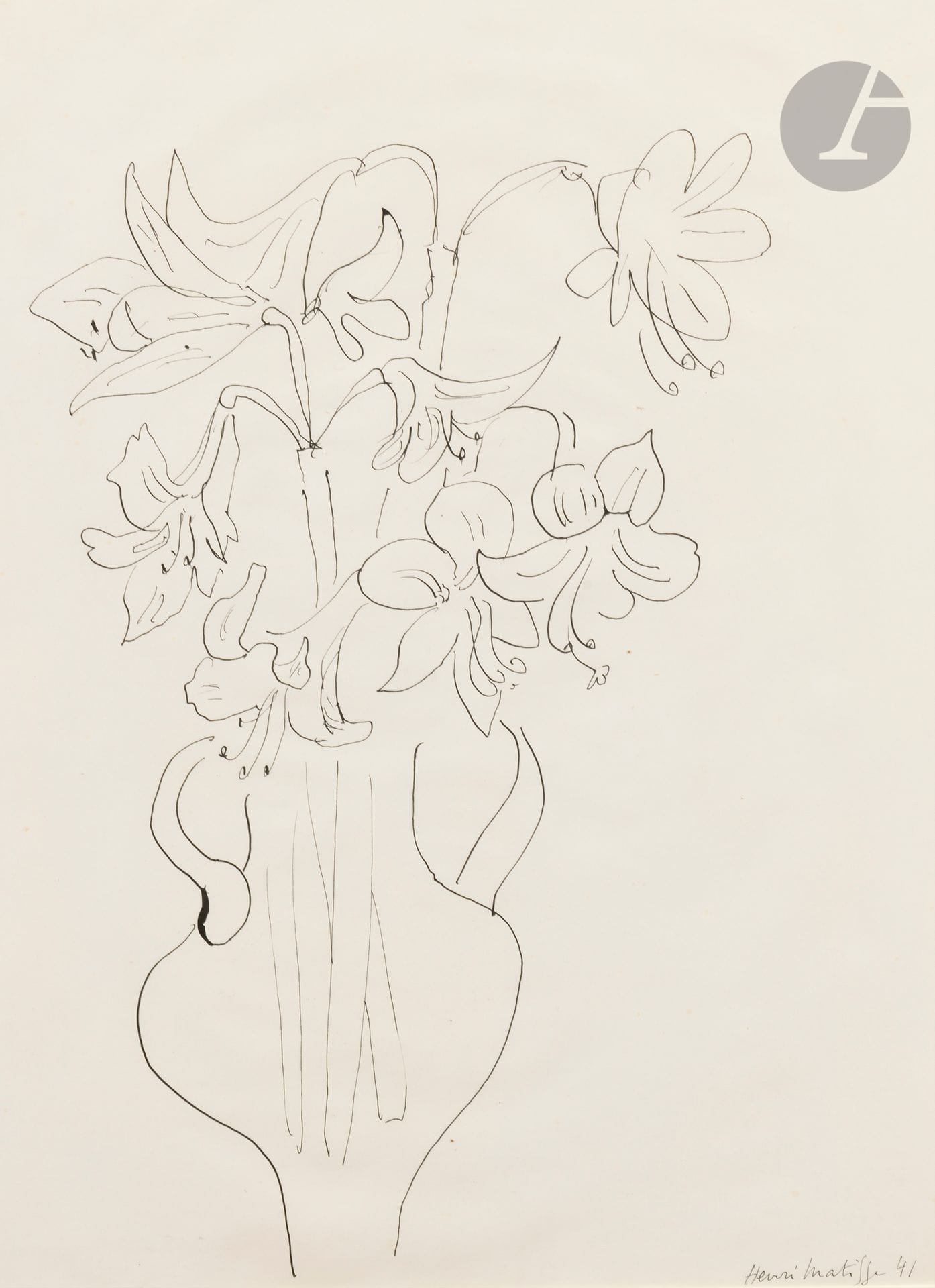 Henri MATISSE (1869-1954)
Vase de fleurs, 1941
Encre de Chine.
Signée et datée en bas à droite.
(Manque de papier dans un angle).
52 x 40 cm

Provenance : 
Collection Gaston Diehl. Don de l’artiste pour la naissance de sa fille Joëlle Diehl en 1945. 

Nous remercions Monsieur Georges Matisse d’avoir confirmé l’authenticité de cette œuvre et pour les informations qu’il nous a transmises.

 Dans une lettre adressée par Gaston Diehl à Henri Matisse le 16 décembre 1945, le jour de la naissance de sa fille Joëlle, il lui écrit cette demande : « j’aurais souhaité, comme en heureux présage, de dessin de mon nouvel enfant, pouvoir reproduire le réduisant, sur la lettre de faire-part de naissance quelque magnifique dessin de vous » (Archives Matisse).

Le 26 décembre 1945, Henri Matisse lui répond:/« Cher Monsieur,Je vous adresse mes félicitations ainsi que mes meilleurs vœux pour vous et votre famille pour l’année qui vient./Par ce même courrier j’expédie une boite contenant le dessin que vous me demandez et j’espère qu’il vous plaira./Veuillez croire , Cher Monsieur, à l’expression de mes sentiments les meilleurs. HENRI MATISSE » 
(Archives INHA).

Gaston Diehl et son épouse choisiront cette œuvre pour illustrer le faire-part de naissance de leur fille Joëlle.