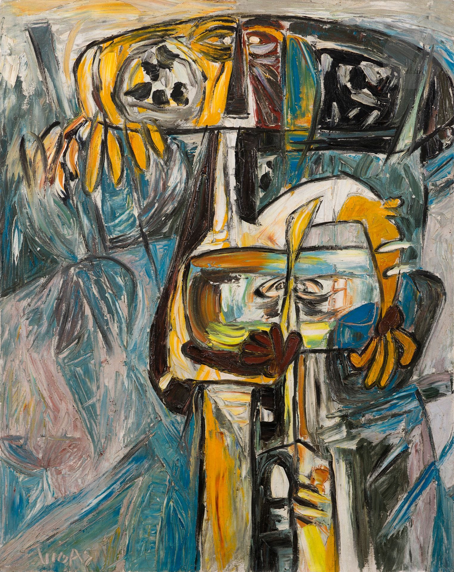 Oswaldo VIGAS [vénézuélien] (1923-2014)
Iracunda, Furibonde, 1966
Huile sur toile.
Signée en bas à gauche.
Signée, datée, située et dédicacée au dos : « Avec toutes les amitiés pour notre ami Gaston Diehl / VIGAS / Caracas 7/12/77 ».
100 x 80 cm

Provenance : 
Collection Gaston Diehl. Par descendance.

Exposition :
Gaston Diehl (1912-1999), Un homme, une empreinte, Venezuela Art Promotion, Fondation National des Arts Graphiques et Plastiques, Hôtel Salomon de Rothschild, Paris, 24 - 31 décembre 2000.

Bibliographie : 
Gaston Diehl, Oswaldo Vigas, Caracas, Éditions Armitano, 1993, n° 85, reproduit p. 119.

Cette œuvre datée au dos de 1966 sera offerte et dédicacée à Gaston Diehl en 1977.

 Nommé directeur de l’Institut Franco-Vénézuélien et attaché culturel à Caracas en 1950, Gaston Diehl permettra la reconnaissance artistique en Europe des artistes comme Jesùs-Rafael Soto, Carlos Cruz-Diez et Oswaldo Vigas. Il publiera pour ce dernier une monographie en 1993.